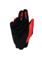 Alpinestars Full Bore V2-handskar, motocrosshandskar, orange och svarta, vy av handflatan som visar förstärkt handflata i syntetmocka, orange silikongrepp på fingrarna, röd Alpinestars-logotyp på pekfingret och neoprenmanschett.
