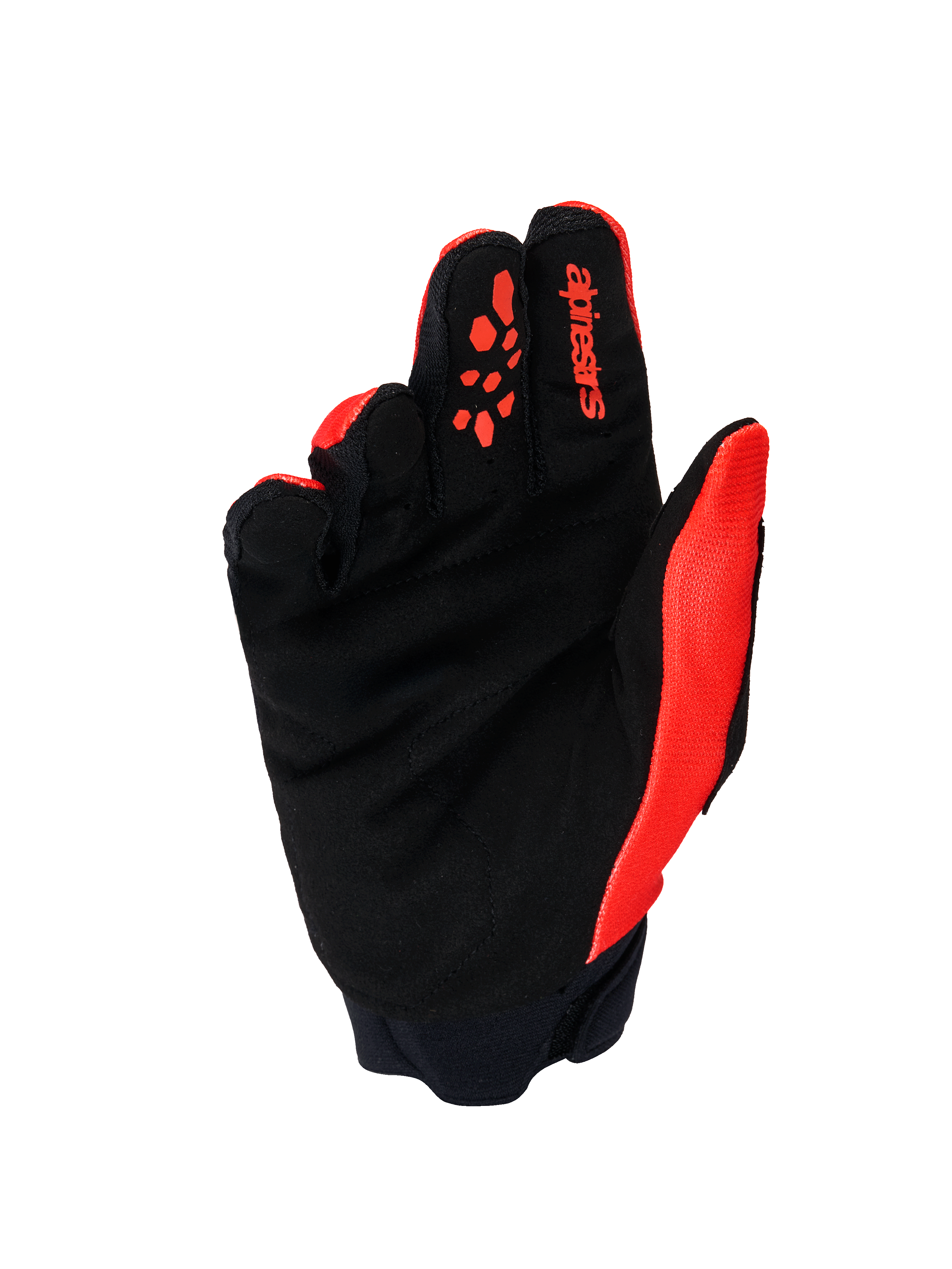 Alpinestars Full Bore V2-handskar, motocrosshandskar, orange och svarta, vy av handflatan som visar förstärkt handflata i syntetmocka, orange silikongrepp på fingrarna, röd Alpinestars-logotyp på pekfingret och neoprenmanschett.