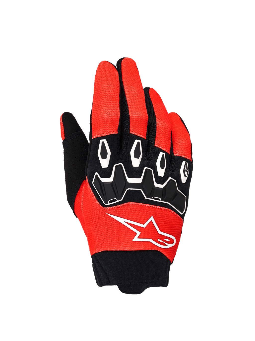 Alpinestars Full Bore V2 handskar, motocrosshandskar, orange och svarta, vy från ovansidan som visar svart TPR-knogskydd med vita konturer, vit Alpinestars-logotyp på andningsbart stretchmaterial, designade för offroad-prestanda