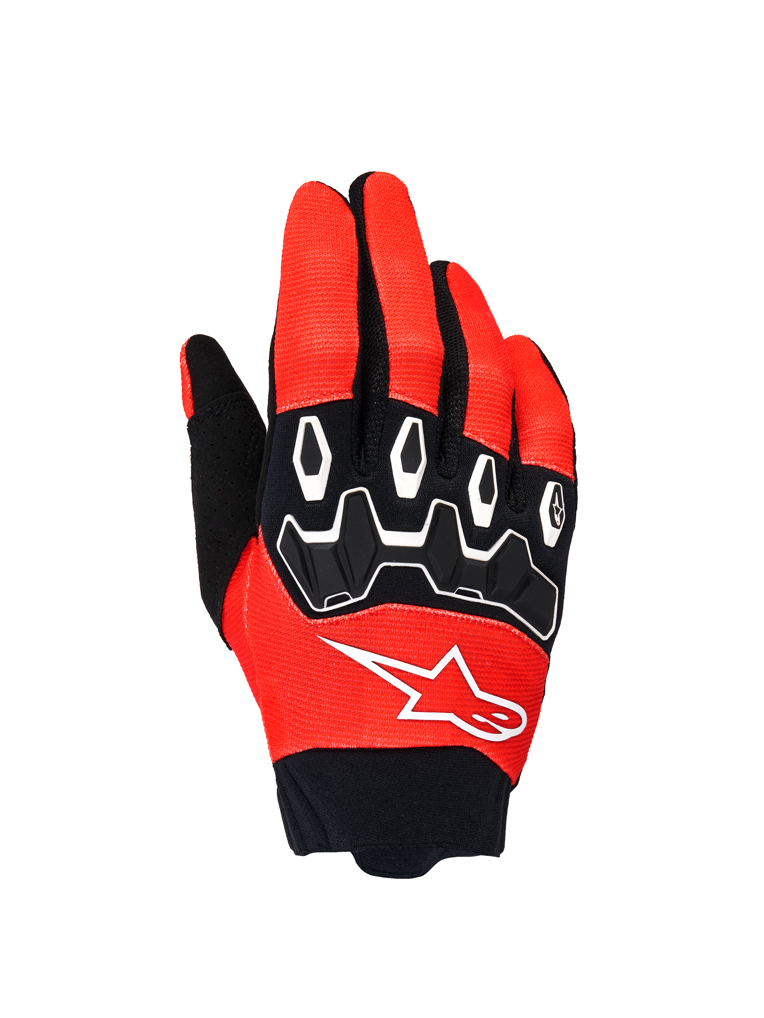 Alpinestars Full Bore V2 Gloves, Motocross Gloves, Orange and Black, backhand view showing black TPR knuckle protection with white outlines, white Alpinestars logo on breathable stretch fabric, designed for off-road performance.