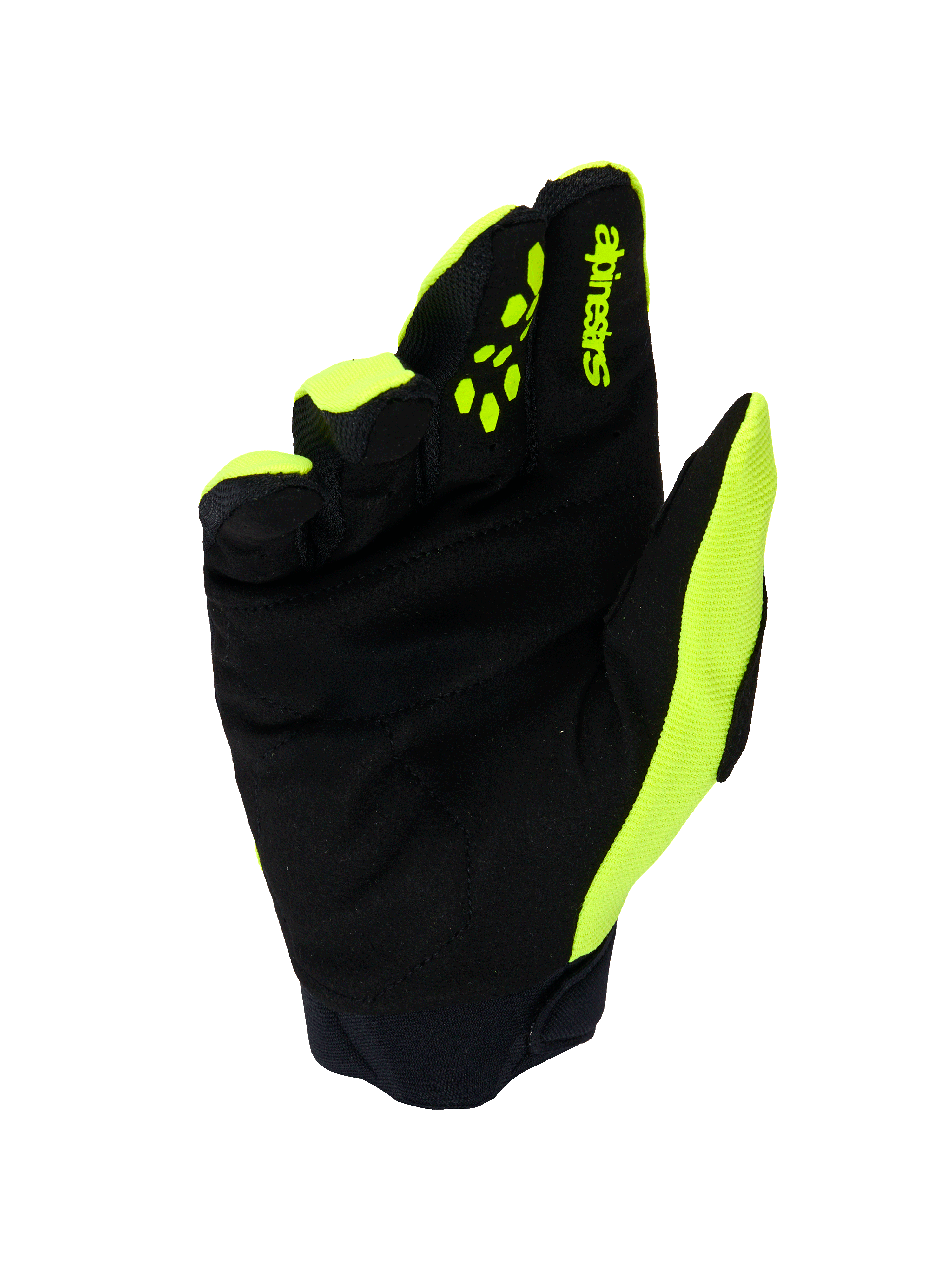 Alpinestars Full Bore V2 Gloves, Motocross Gloves, Yellow Fluo and Black, palm view featuring reinforced synthetic suede, neoprene cuff, and bright yellow accents on the sides and fingers