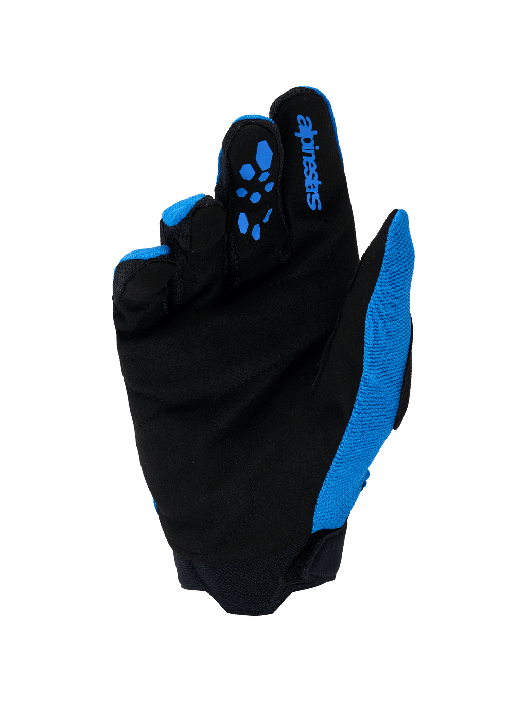 Alpinestars Full Bore V2-handskar, motocrosshandskar, Ucla Blue och svart, vy av handflatan med förstärkt syntetmocka, blå silikongreppsmönster på fingrarna, Alpinestars logotyp och hållbar neoprenmudd