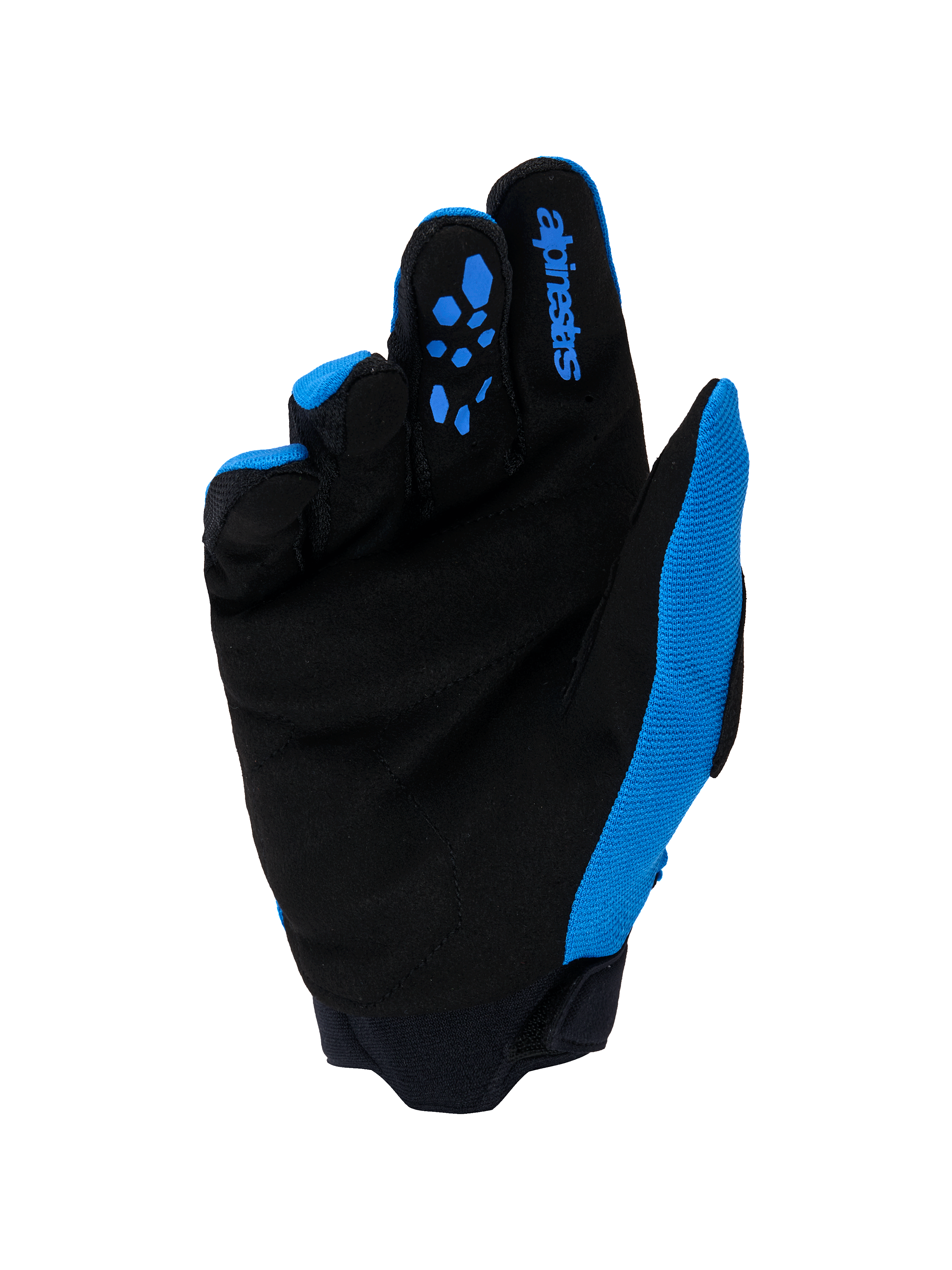 Alpinestars Full Bore V2-handskar, motocrosshandskar, Ucla Blue och svart, vy av handflatan med förstärkt syntetmocka, blå silikongreppsmönster på fingrarna, Alpinestars logotyp och hållbar neoprenmudd