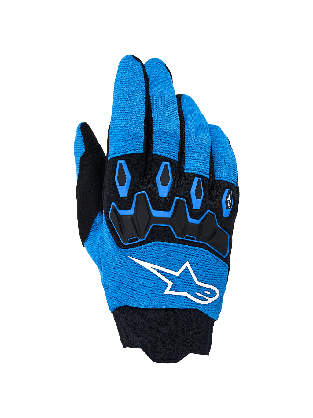 Alpinestars Full Bore V2-handskar, motocrosshandskar, Ucla Blue och svarta, med en framträdande vit logotyp och svart TPR-knogskydd på en ovandel i andningsbart stretchmaterial, designade för högpresterande offroad-racing
