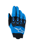 Alpinestars Full Bore V2-handskar, motocrosshandskar, Ucla Blue och svarta, med en framträdande vit logotyp och svart TPR-knogskydd på en ovandel i andningsbart stretchmaterial, designade för högpresterande offroad-racing