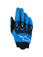 Alpinestars Full Bore V2-handskar, motocrosshandskar, Ucla Blue och svarta, med en framträdande vit logotyp och svart TPR-knogskydd på en ovandel i andningsbart stretchmaterial, designade för högpresterande offroad-racing