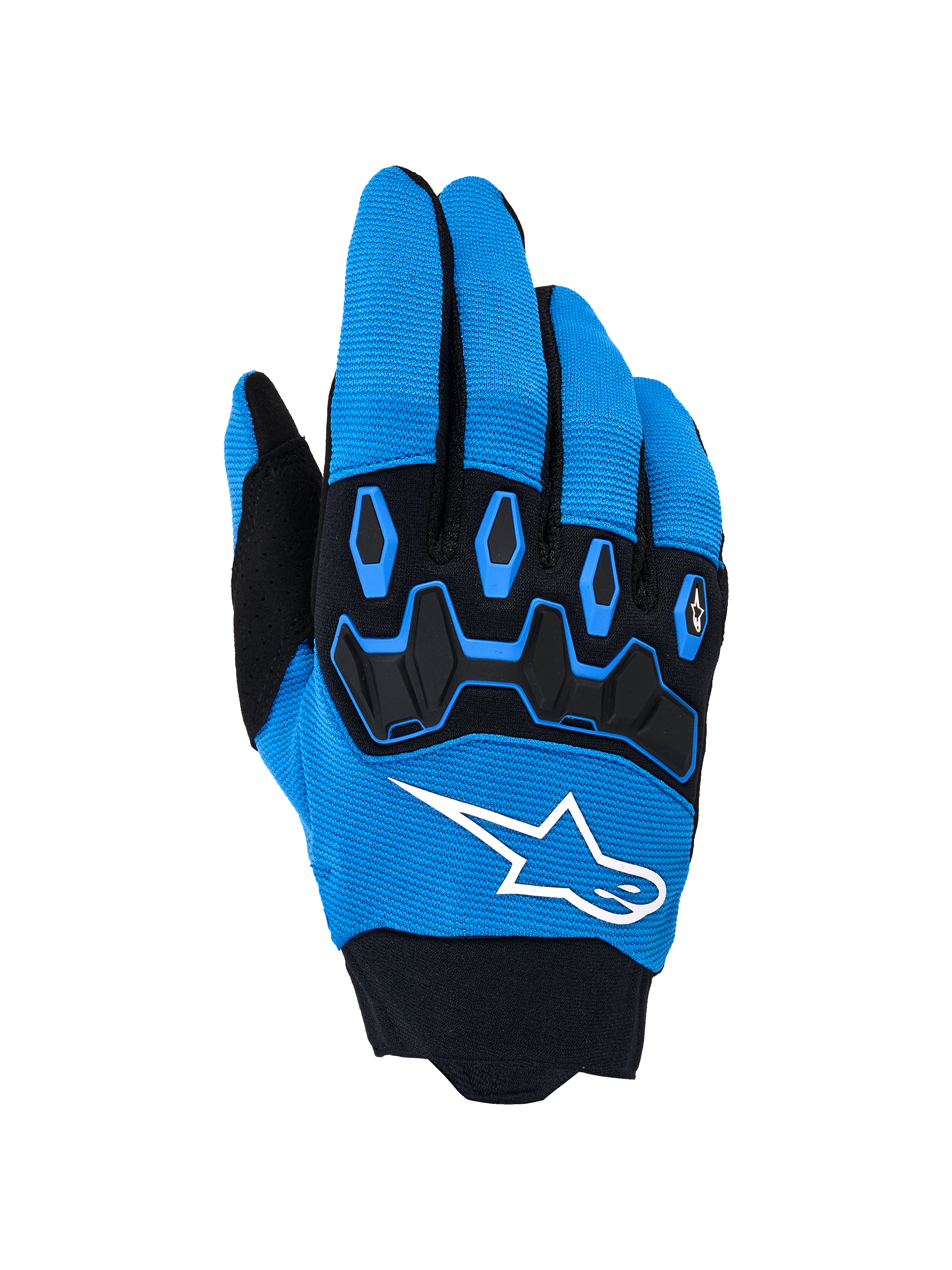 Alpinestars Full Bore V2-handskar, motocrosshandskar, Ucla Blue och svarta, med en framträdande vit logotyp och svart TPR-knogskydd på en ovandel i andningsbart stretchmaterial, designade för högpresterande offroad-racing