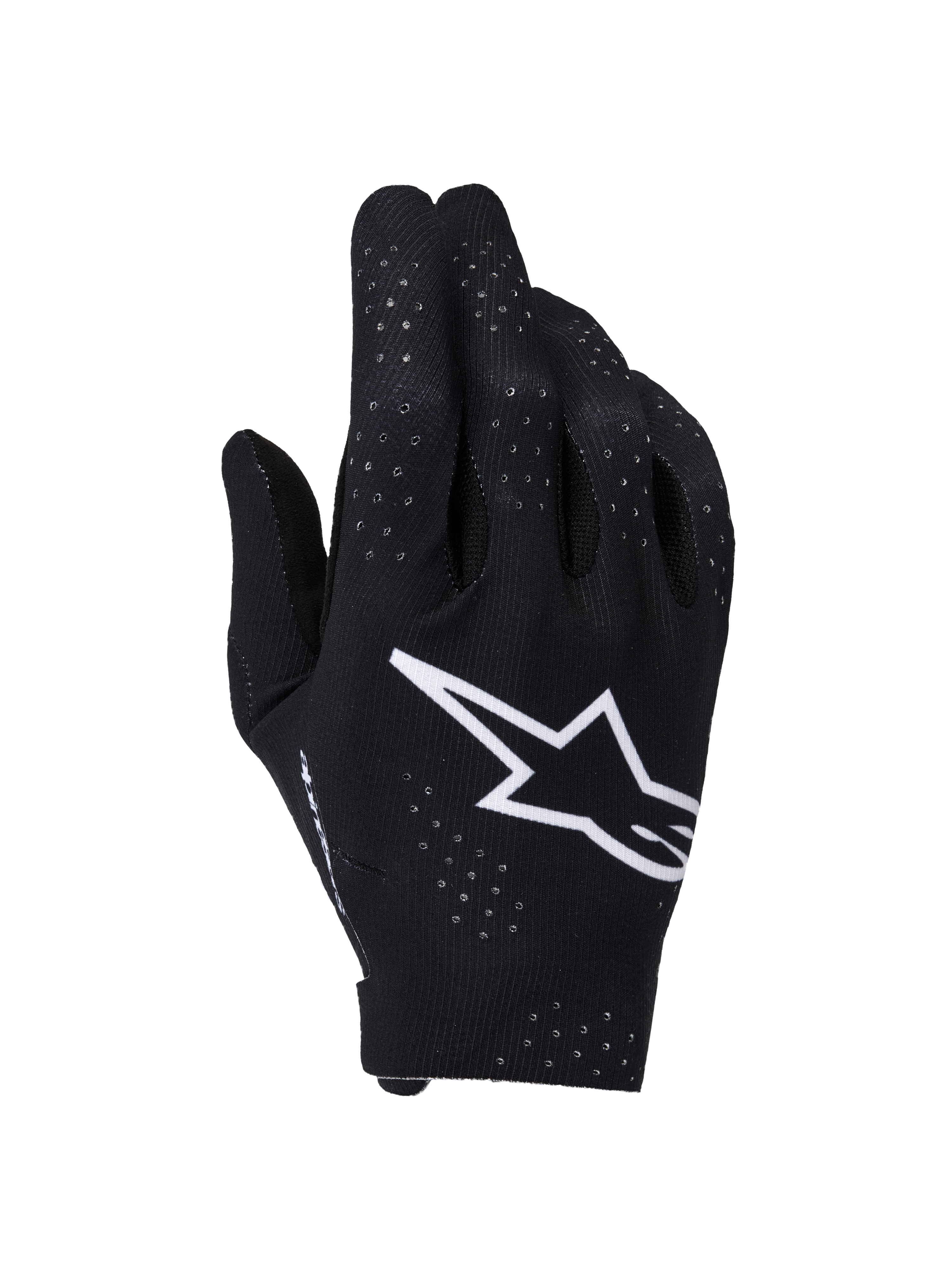 Alpinestars Supertech MX Gloves, Motocross Gloves, Black and White, backhand view featuring a large white Astars logo, laser-cut perforations for ventilation, and a seamless ergonomic design for off-road racing
