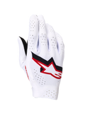 Alpinestars Supertech MX Gloves, Motocross Gloves, White with Black and Fire Red accents, backhand view featuring a bold Astar logo, extensive laser perforations for ventilation, and a lightweight seamless stretch construction for professional racing.