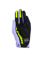 Alpinestars Supertech MX Gloves, Motocross Gloves, Lavender Violet and Fluo Yellow, palm side view featuring black perforated material, fluo yellow silicone grips on index and middle fingers, bold yellow Alpinestars branding, and 'Race Spec Production' text, high-performance off-road racing gear