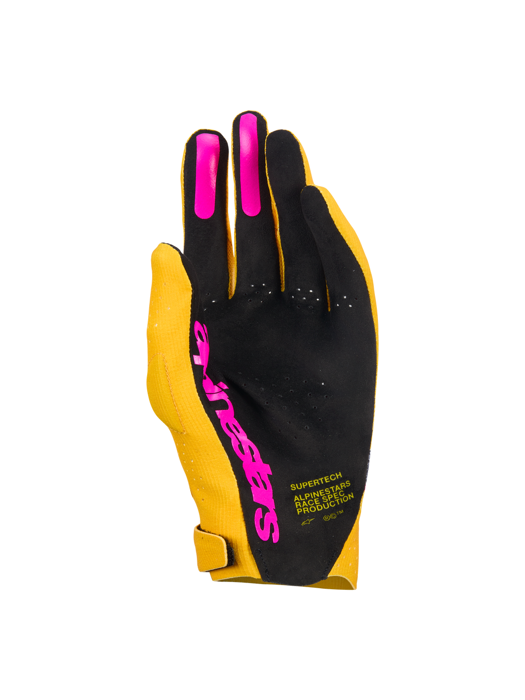 Alpinestars Supertech MX-handskar, motocrosshandskar, guld, svarta och neonrosa, vy av handflatan med en perforerad handflata i ett lager, rosa silikongrepp på fingrarna och Alpinestars-logotyp, lättvikts racingutrustning