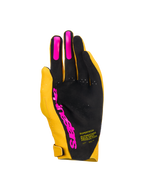 Alpinestars Supertech MX-handskar, motocrosshandskar, guld, svarta och neonrosa, vy av handflatan med en perforerad handflata i ett lager, rosa silikongrepp på fingrarna och Alpinestars-logotyp, lättvikts racingutrustning