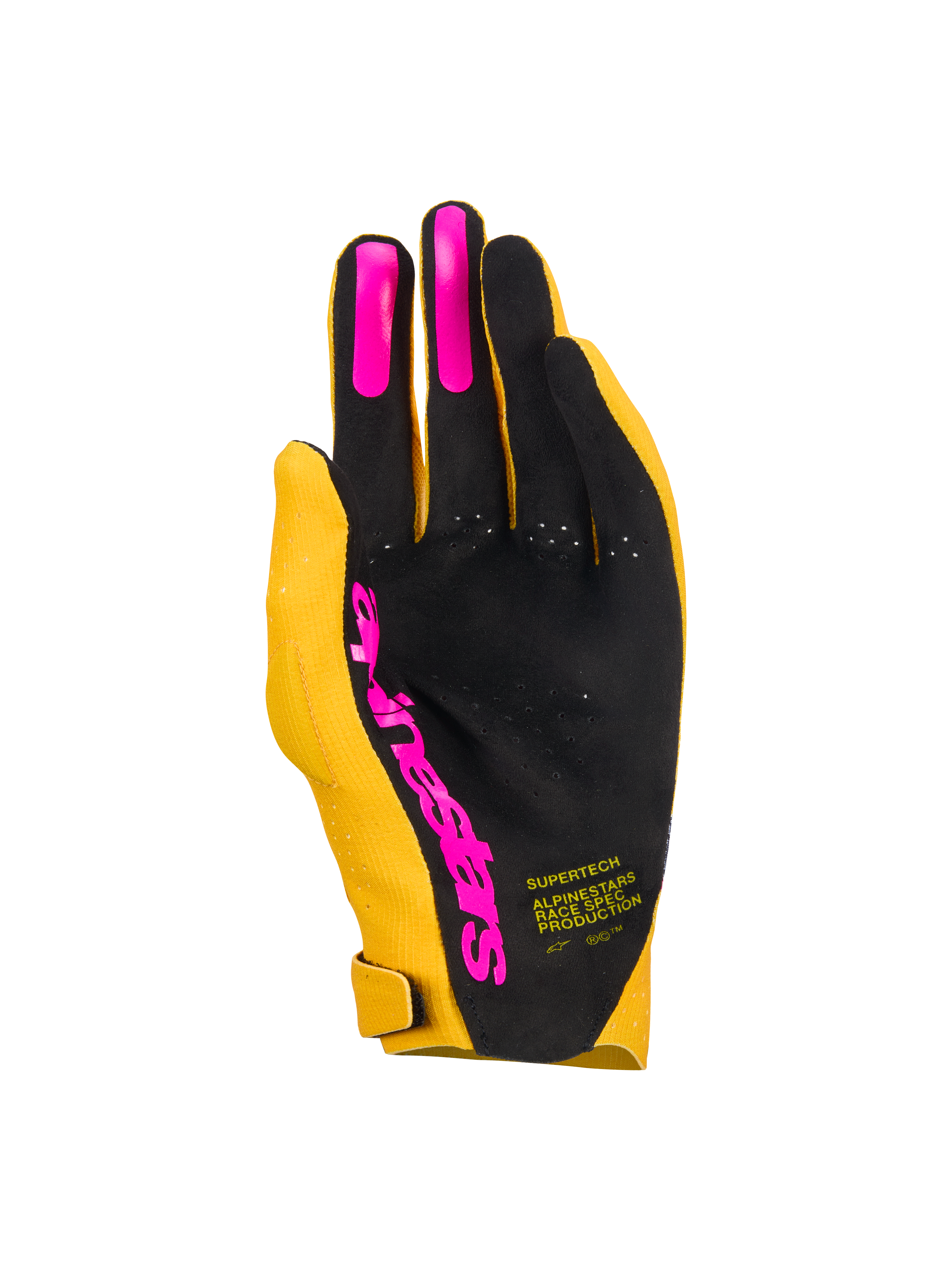 Alpinestars Supertech MX-handskar, motocrosshandskar, guld, svarta och neonrosa, vy av handflatan med en perforerad handflata i ett lager, rosa silikongrepp på fingrarna och Alpinestars-logotyp, lättvikts racingutrustning