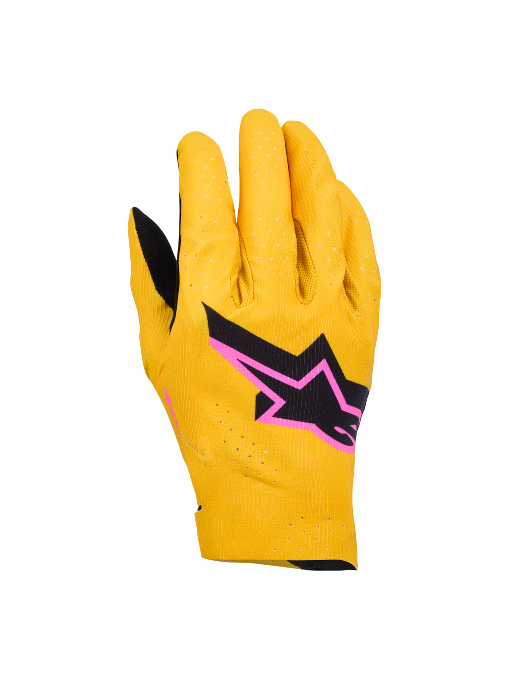 Alpinestars Supertech MX handskar, motocrosshandskar, guld, svart och fluorescerande rosa, med laserperforerad enkellagers stretchkonstruktion, svart stjärnlogotyp med rosa kant, andningsbar och flexibel design för terrängkörning