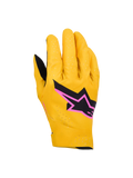 Alpinestars Supertech MX handskar, motocrosshandskar, guld, svart och fluorescerande rosa, med laserperforerad enkellagers stretchkonstruktion, svart stjärnlogotyp med rosa kant, andningsbar och flexibel design för terrängkörning