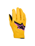 Alpinestars Supertech MX handskar, motocrosshandskar, guld, svart och fluorescerande rosa, med laserperforerad enkellagers stretchkonstruktion, svart stjärnlogotyp med rosa kant, andningsbar och flexibel design för terrängkörning