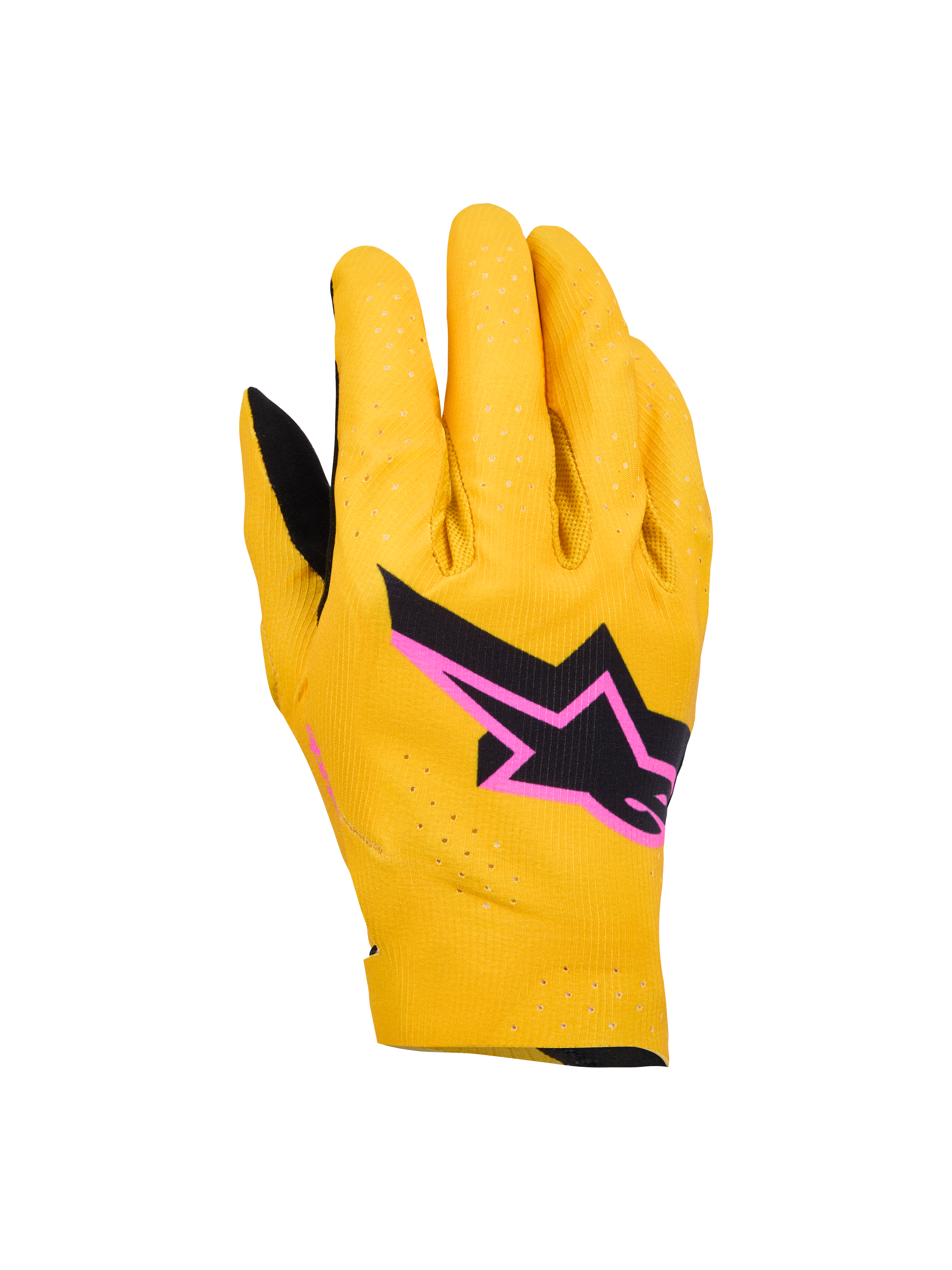 Alpinestars Supertech MX handskar, motocrosshandskar, guld, svart och fluorescerande rosa, med laserperforerad enkellagers stretchkonstruktion, svart stjärnlogotyp med rosa kant, andningsbar och flexibel design för terrängkörning