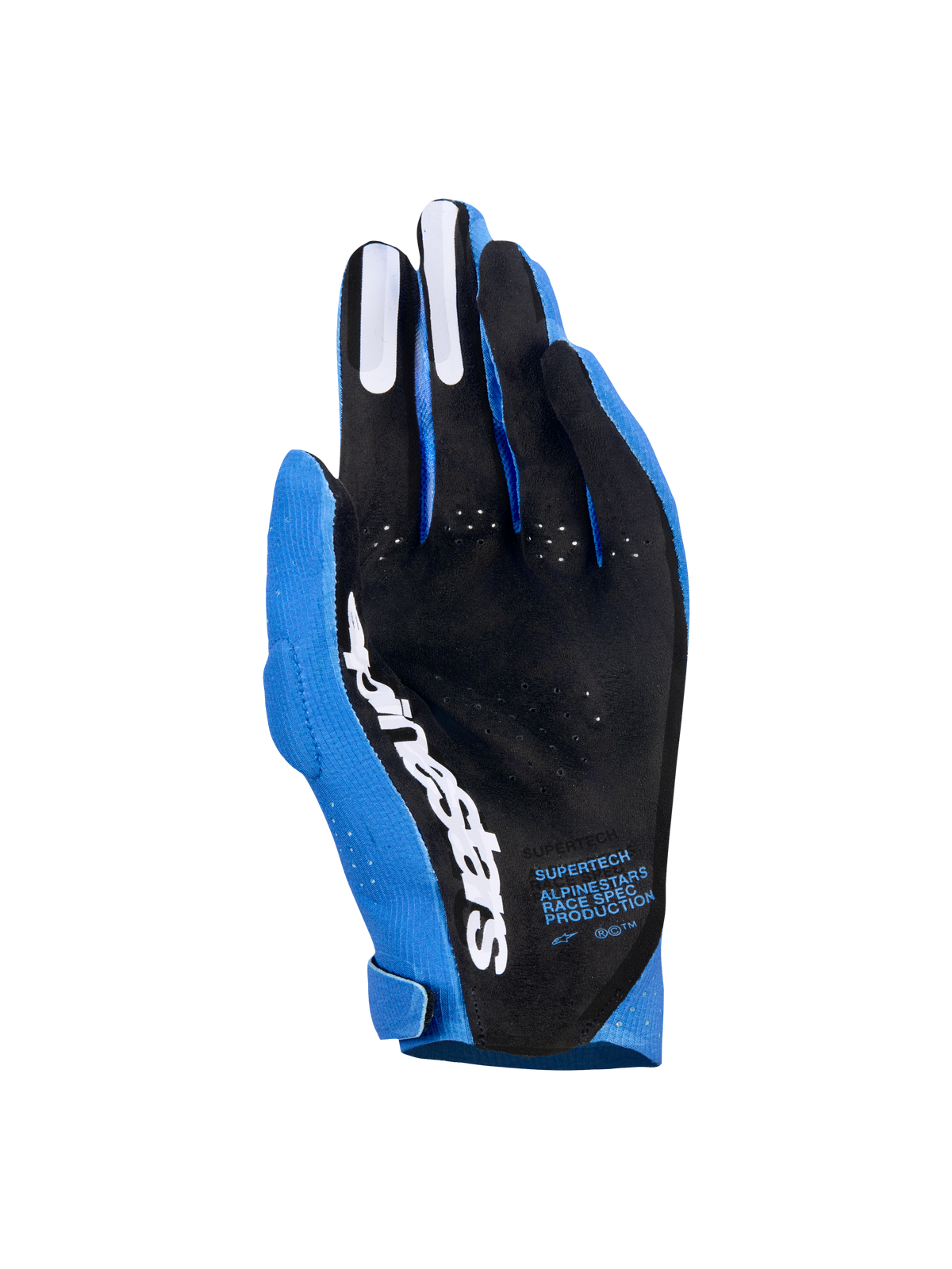 Alpinestars Supertech MX-handskar, motocrosshandskar, Ucla Blue och Deep Blue med vita detaljer, handflatsvy som visar svart perforerat material, vit Alpinestars-logotyp, silikongrepp på fingrarna och teknisk text, professionell racingutrustning för terrängkörning