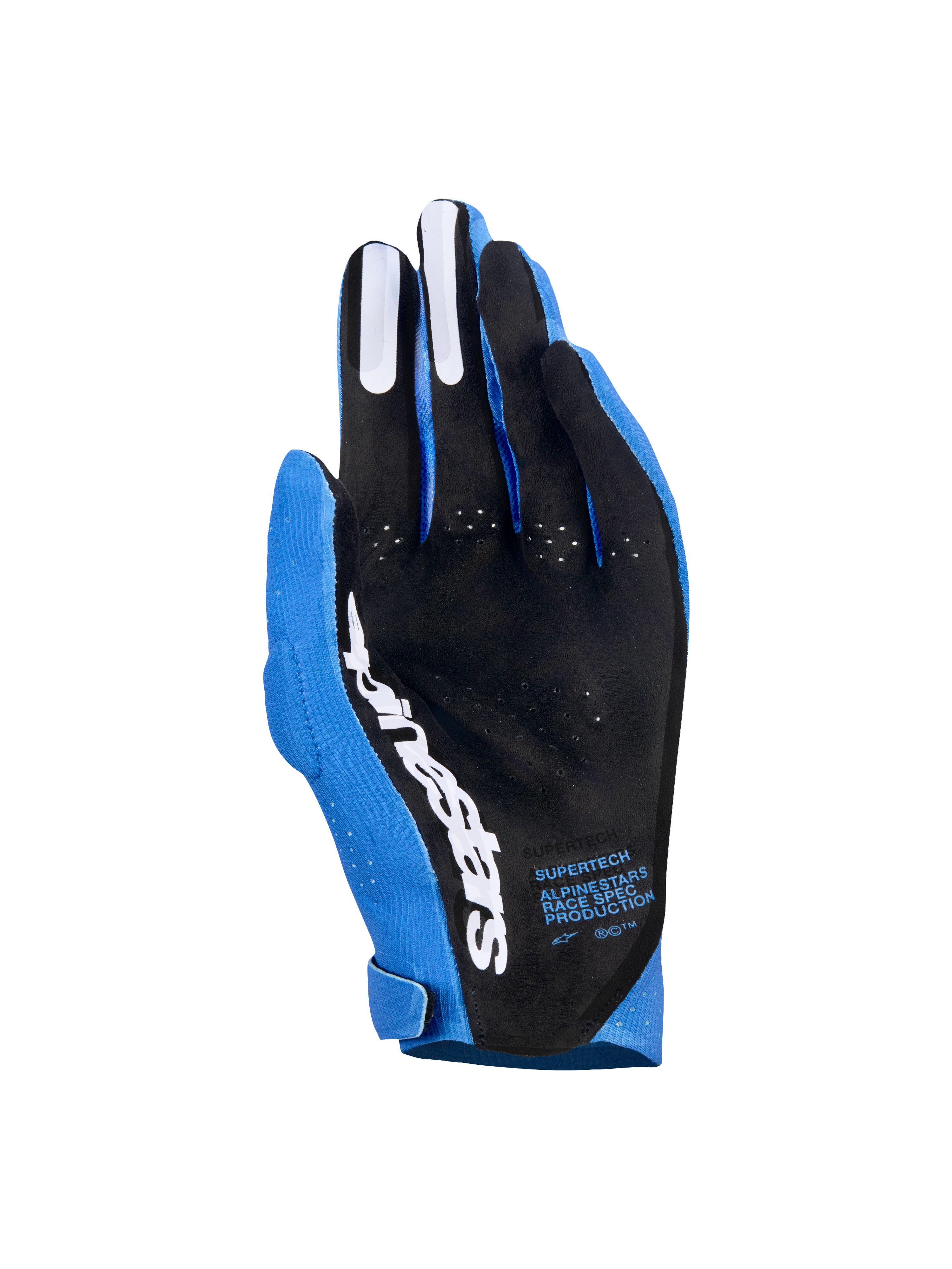 Alpinestars Supertech MX-handskar, motocrosshandskar, Ucla Blue och Deep Blue med vita detaljer, handflatsvy som visar svart perforerat material, vit Alpinestars-logotyp, silikongrepp på fingrarna och teknisk text, professionell racingutrustning för terrängkörning