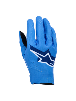 Alpinestars Supertech MX Gloves, Motocross Racing Gloves, Ucla Blue with Deep Blue and White accents, featuring a large star logo on the backhand, laser perforations for breathability, and a seamless ergonomic design for off-road riding.