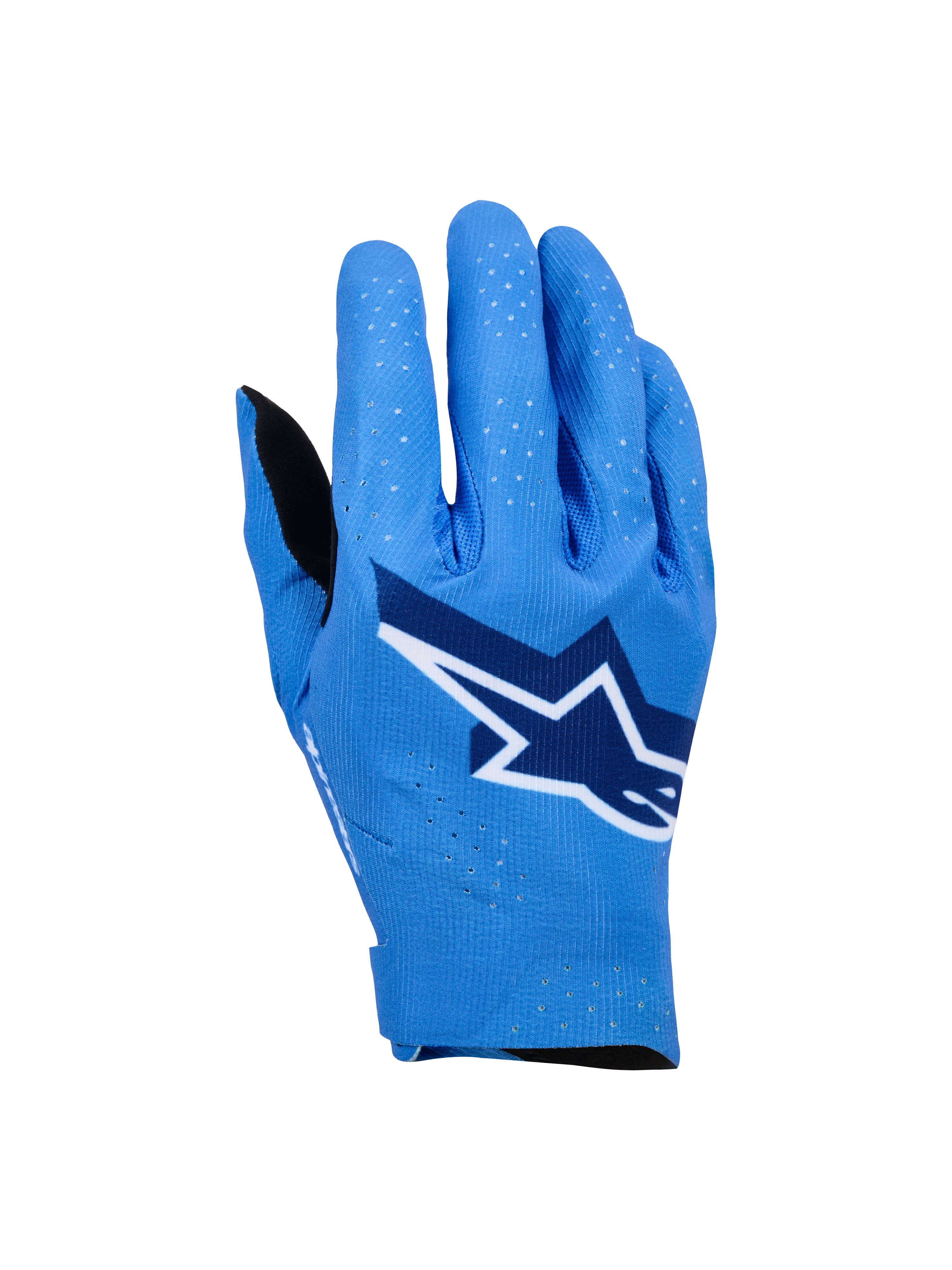 Alpinestars Supertech MX-handskar, motocross-handskar, Ucla Blue med mörkblå och vita accenter, stor stjärnlogotyp på handryggen, laserperforeringar för andningsförmåga, sömlös ergonomisk design för terrängkörning