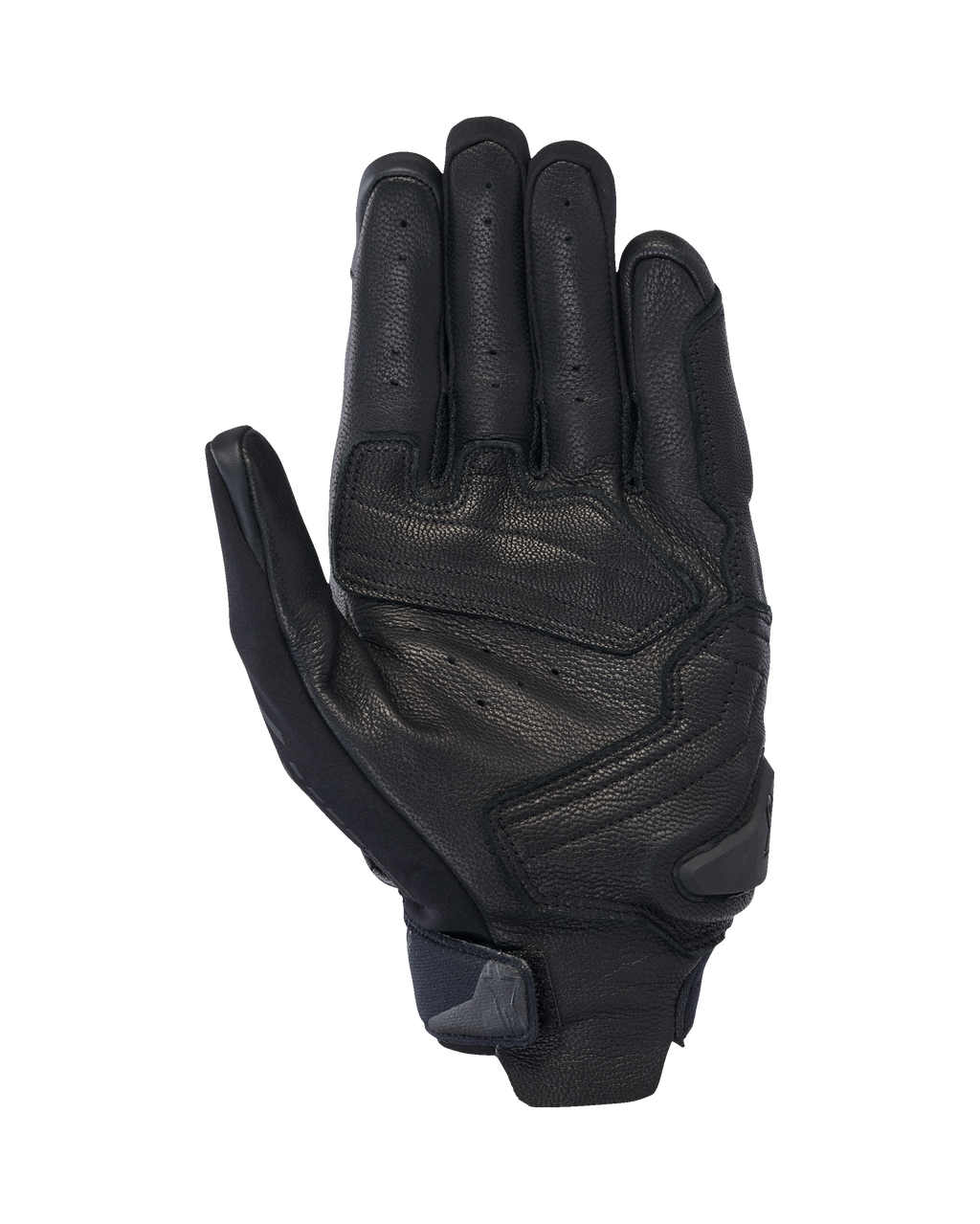 Alpinestars SP X 7 Handskar, korta motorcykelhandskar, svarta, vy av handflatan som visar perforerat läder för ventilation, förstärkta läderöverlägg i handflatan med en slider och en kompakt handledsrem med en integrerad dragflik