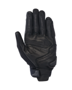 Alpinestars SP X 7 Handskar, korta motorcykelhandskar, svarta, vy av handflatan som visar perforerat läder för ventilation, förstärkta läderöverlägg i handflatan med en slider och en kompakt handledsrem med en integrerad dragflik