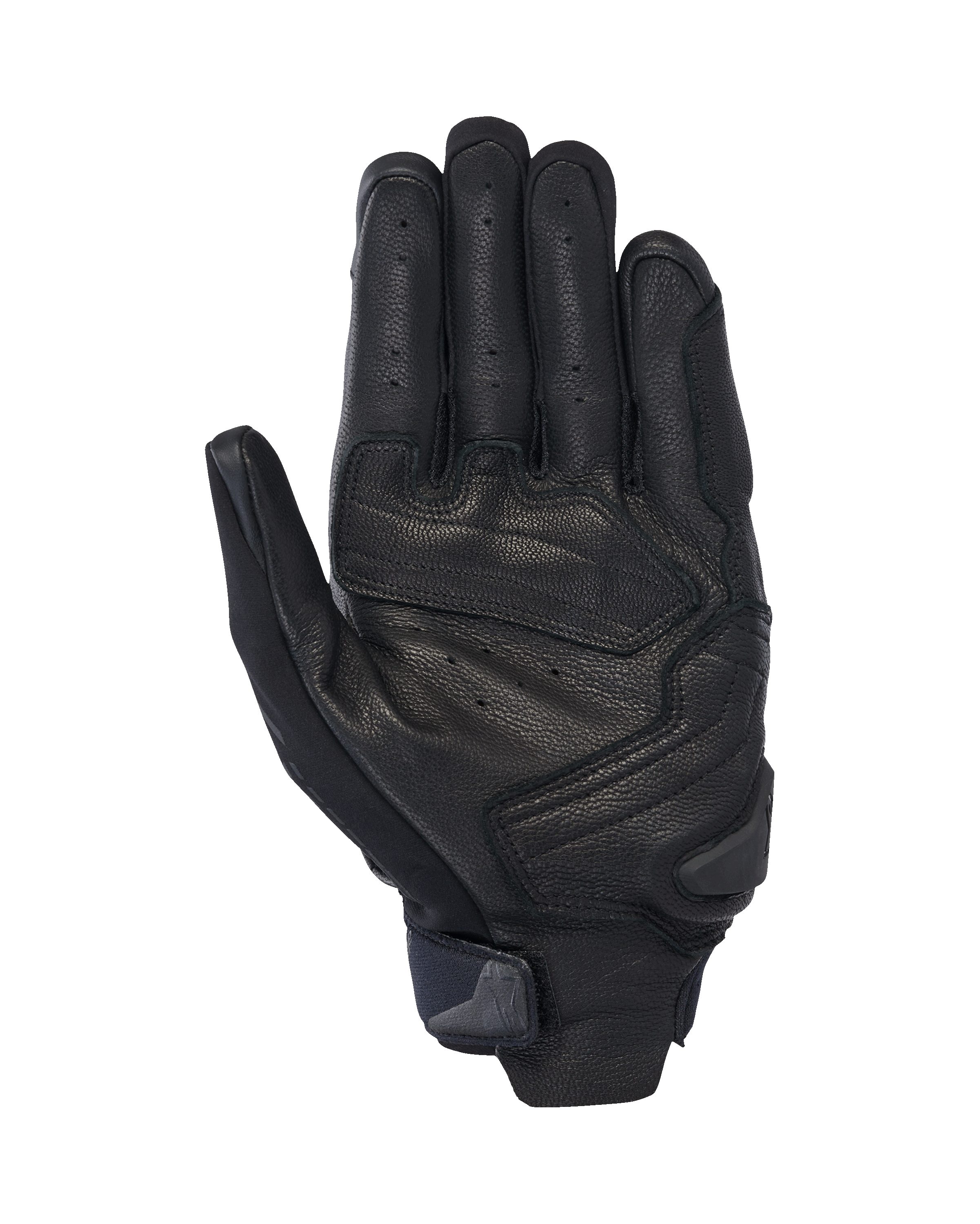 Alpinestars SP X 7 Handskar, korta motorcykelhandskar, svarta, vy av handflatan som visar perforerat läder för ventilation, förstärkta läderöverlägg i handflatan med en slider och en kompakt handledsrem med en integrerad dragflik
