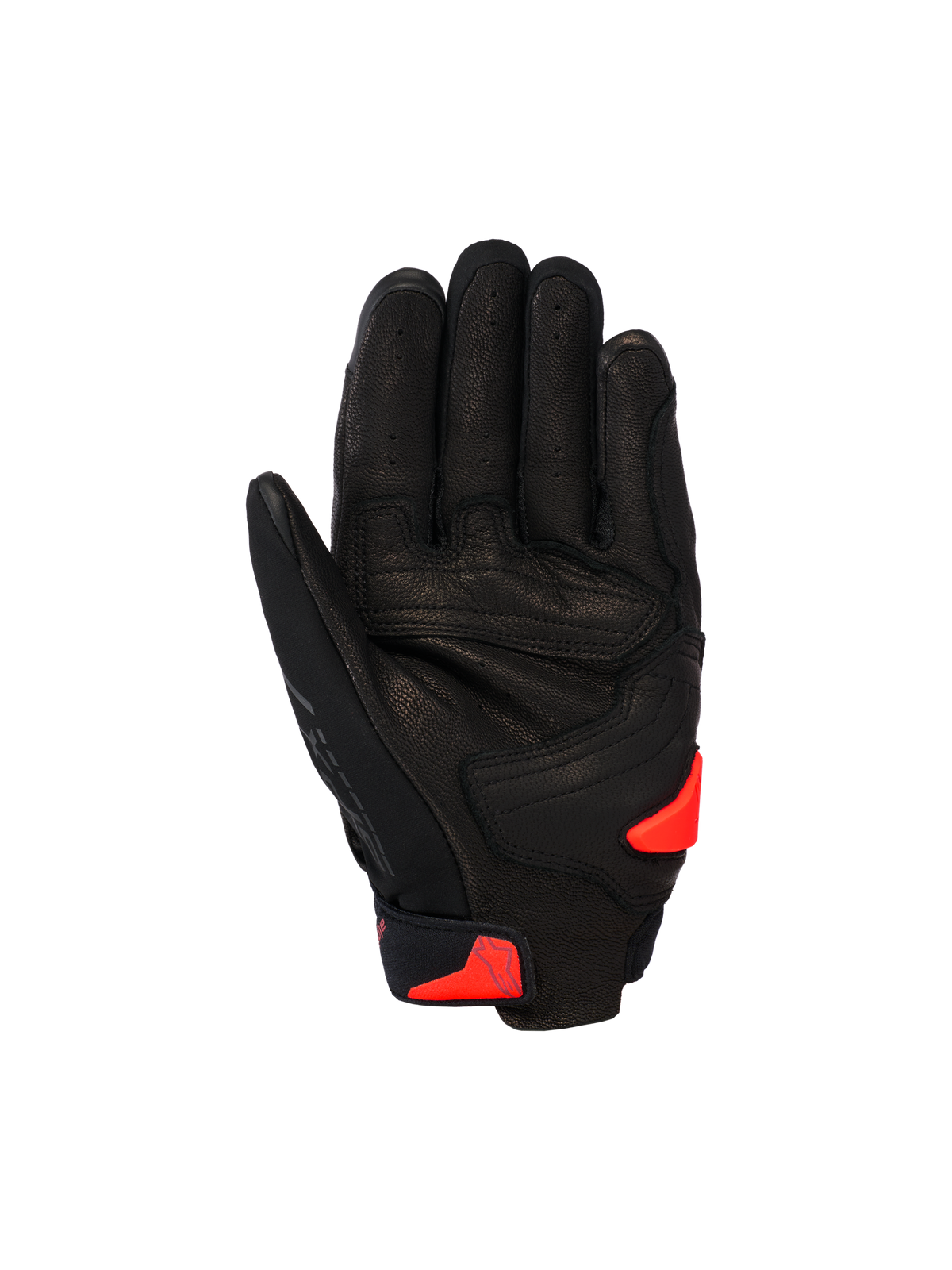 Alpinestars SP X 7 Handskar, korta sporthandskar för motorcykel, svarta med röda fluo-detaljer, vy av handflatan som visar perforerad läderkonstruktion, förstärkt handflata och TPR-handflatslider.