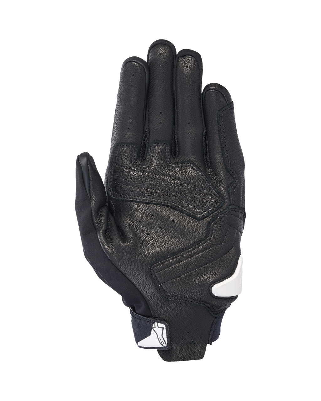 Alpinestars SP X 7 Handskar, vy över handflatan, svarta med vita detaljer, korta motorcykelhandskar med perforerat läder, förstärkta läderöverlägg i handflatan och vit Alpinestars-logotyp vid handledsstängningen