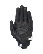 Alpinestars SP X 7 Handskar, vy över handflatan, svarta med vita detaljer, korta motorcykelhandskar med perforerat läder, förstärkta läderöverlägg i handflatan och vit Alpinestars-logotyp vid handledsstängningen