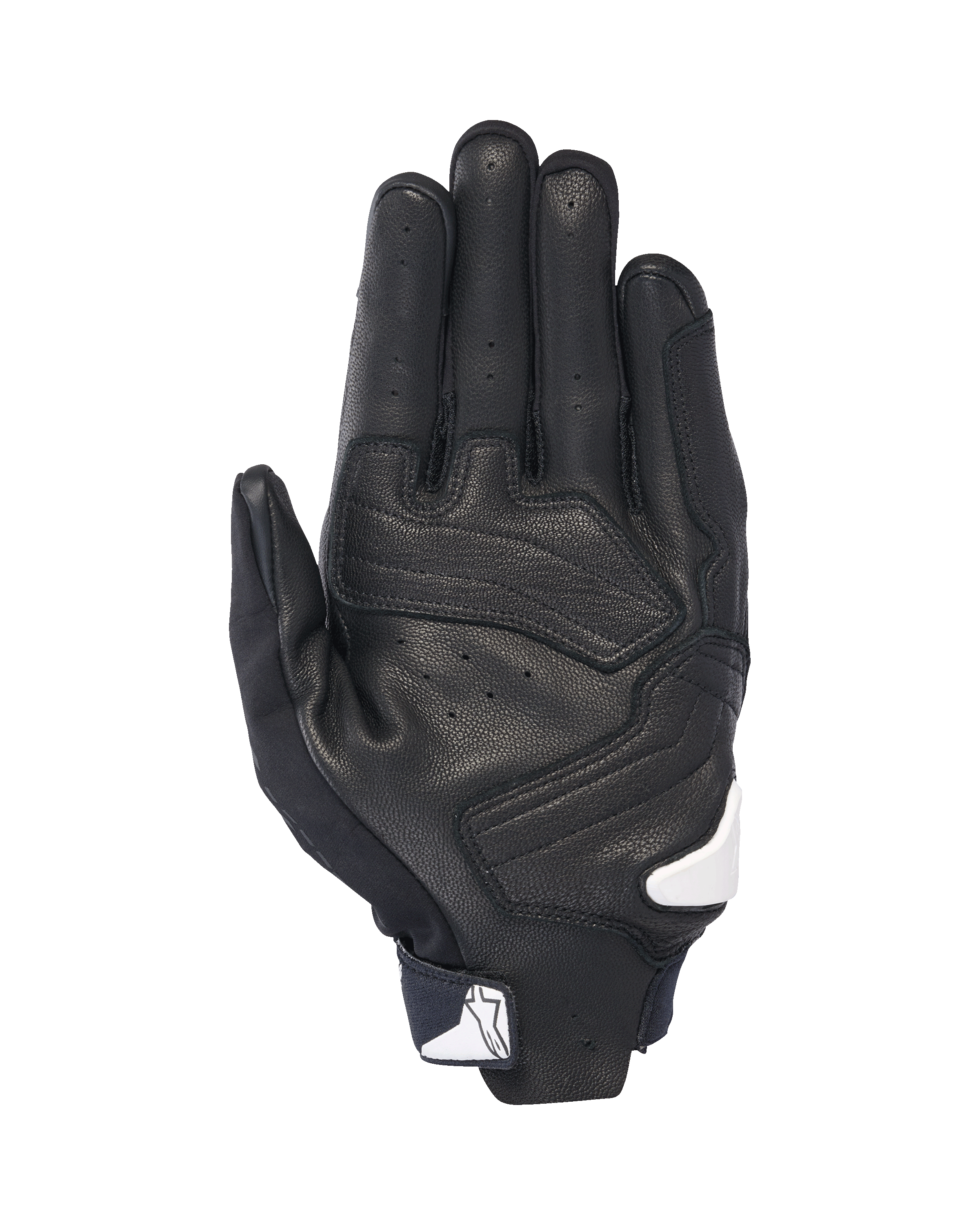 Alpinestars SP X 7 Handskar, vy över handflatan, svarta med vita detaljer, korta motorcykelhandskar med perforerat läder, förstärkta läderöverlägg i handflatan och vit Alpinestars-logotyp vid handledsstängningen