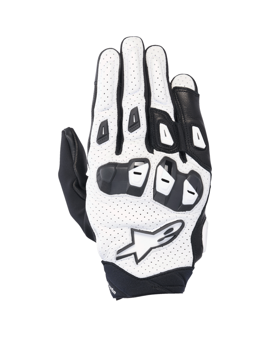 Alpinestars SP X 7 handskar, korta sportmotorcykelhandskar, vita och svarta, med perforerad läderkonstruktion och TPU-knogskydd med dubbel densitet, vit stjärnlogotyp, ventilerad design för prestationskörning under sommaren