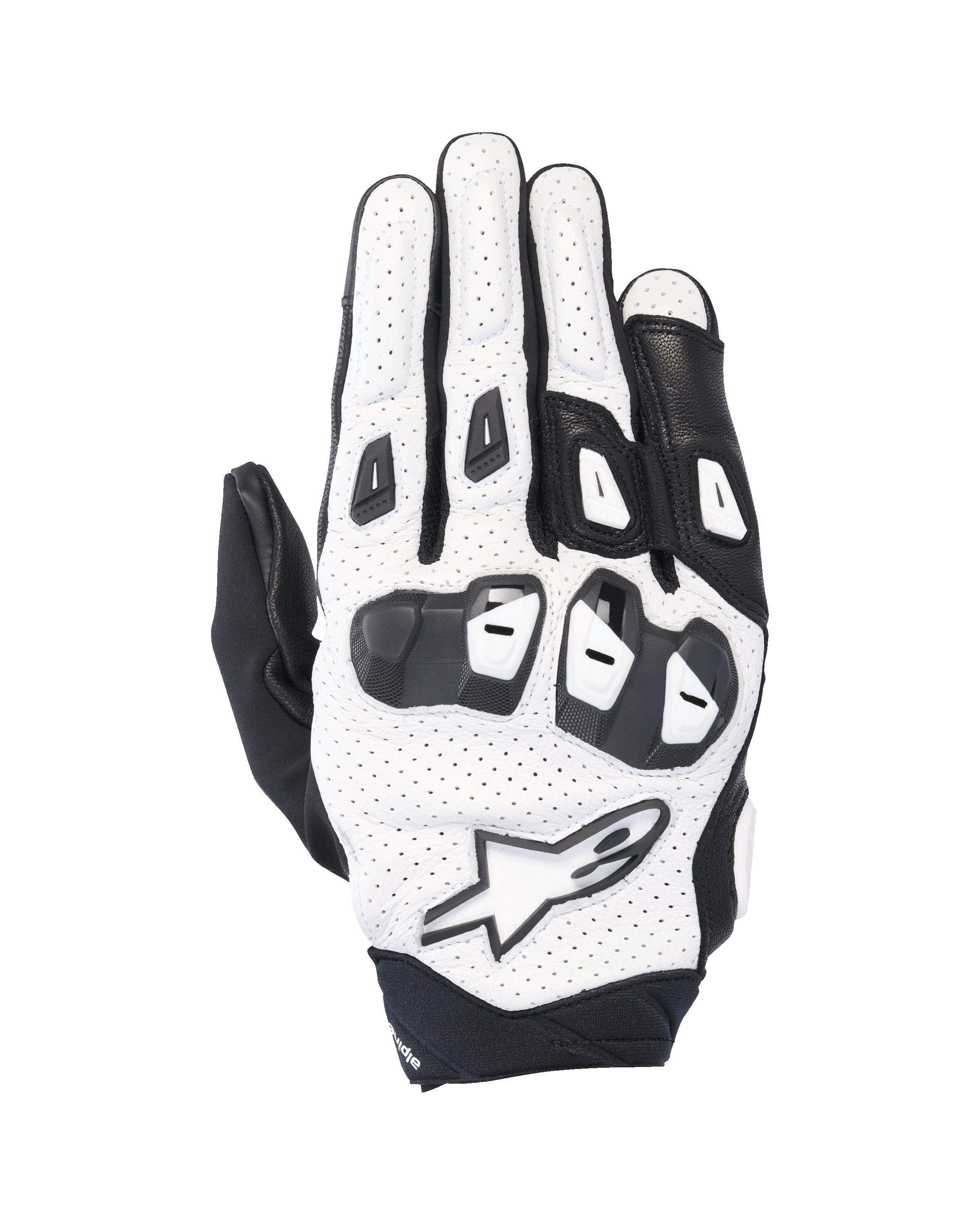Alpinestars SP X 7 handskar, korta sportmotorcykelhandskar, vita och svarta, med perforerad läderkonstruktion och TPU-knogskydd med dubbel densitet, vit stjärnlogotyp, ventilerad design för prestationskörning under sommaren