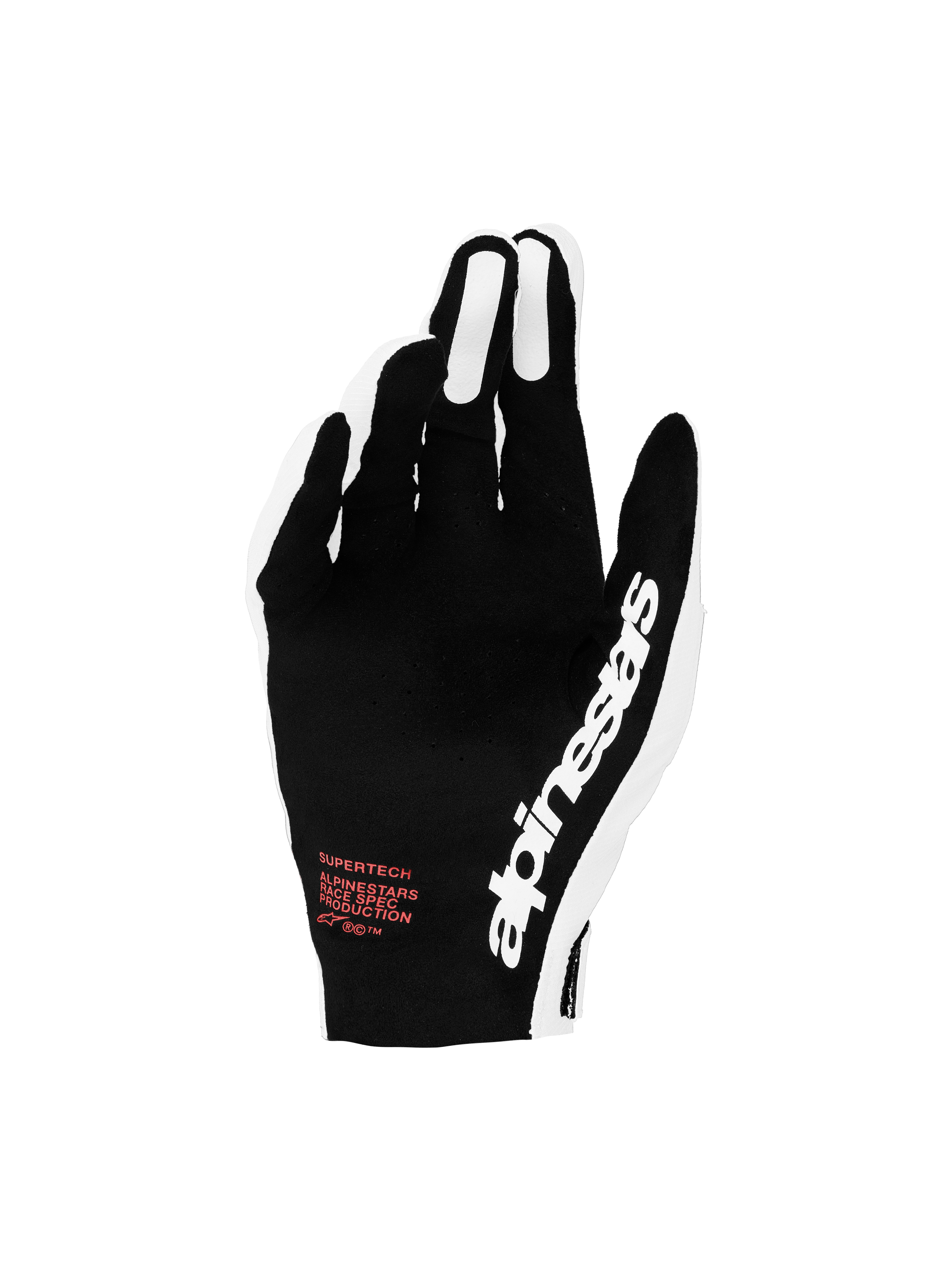 Alpinestars Supertech MX 2027 handskar, svarta och vita motocrosshandskar med röda detaljer och perforerad ovansida.