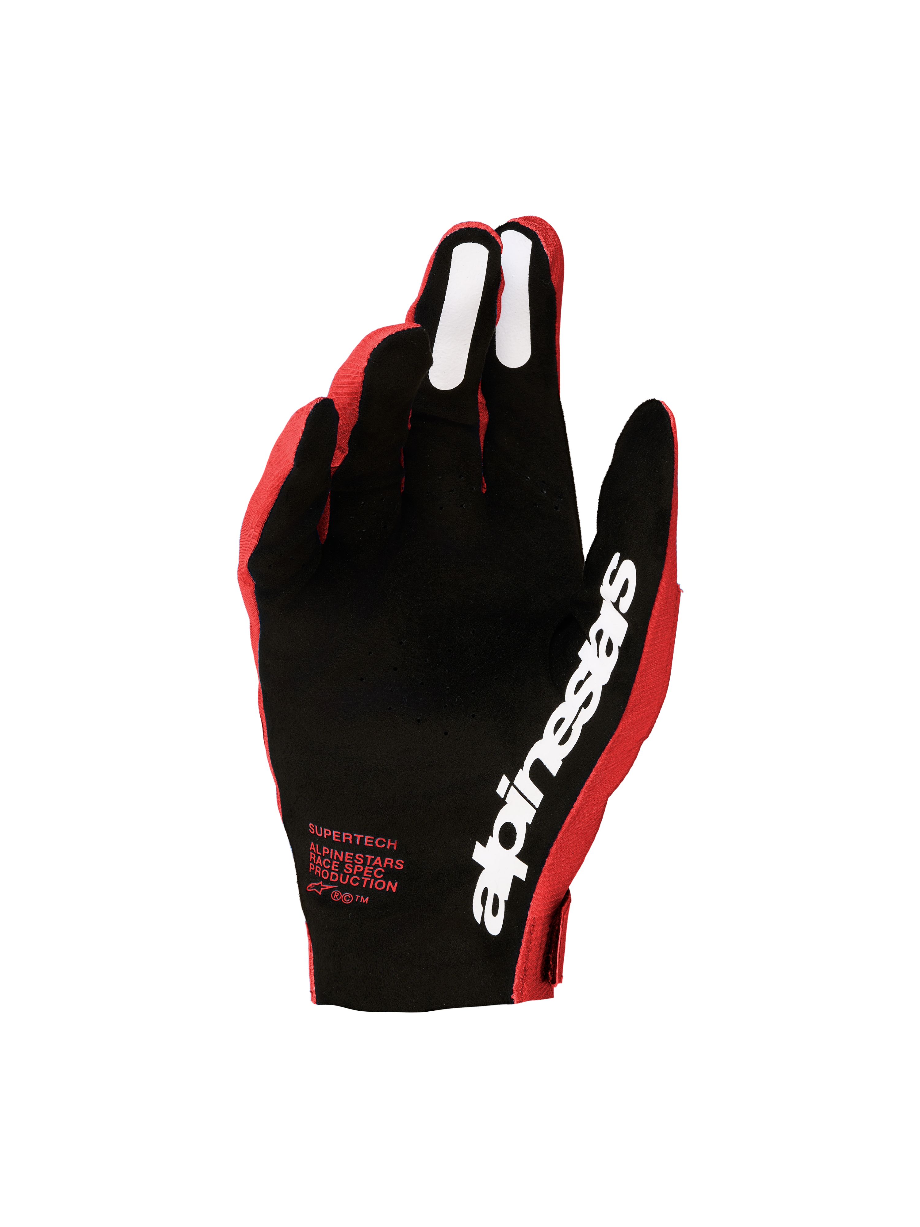 Alpinestars Supertech MX 2027 handskar, motocrosshandskar för herr, röda och svarta med perforerad handflata och silikongrepp.