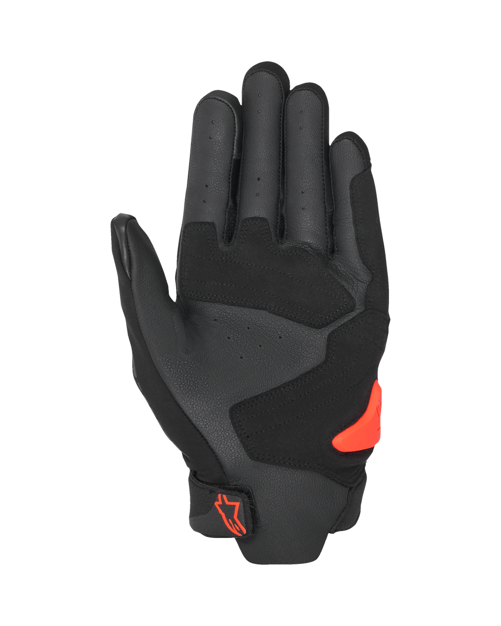 Alpinestars SP X 5 Air-handskar, vy av handflatan, svart och röd fluo, perforerad läderhandflata med förstärkta paneler, klaröd TPR-handflatsslidare, röd Alpinestars-logotyp på handledsstängningen, sporthandskar för motorcykel