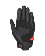 Alpinestars SP X 5 Air-handskar, vy av handflatan, svart och röd fluo, perforerad läderhandflata med förstärkta paneler, klaröd TPR-handflatsslidare, röd Alpinestars-logotyp på handledsstängningen, sporthandskar för motorcykel