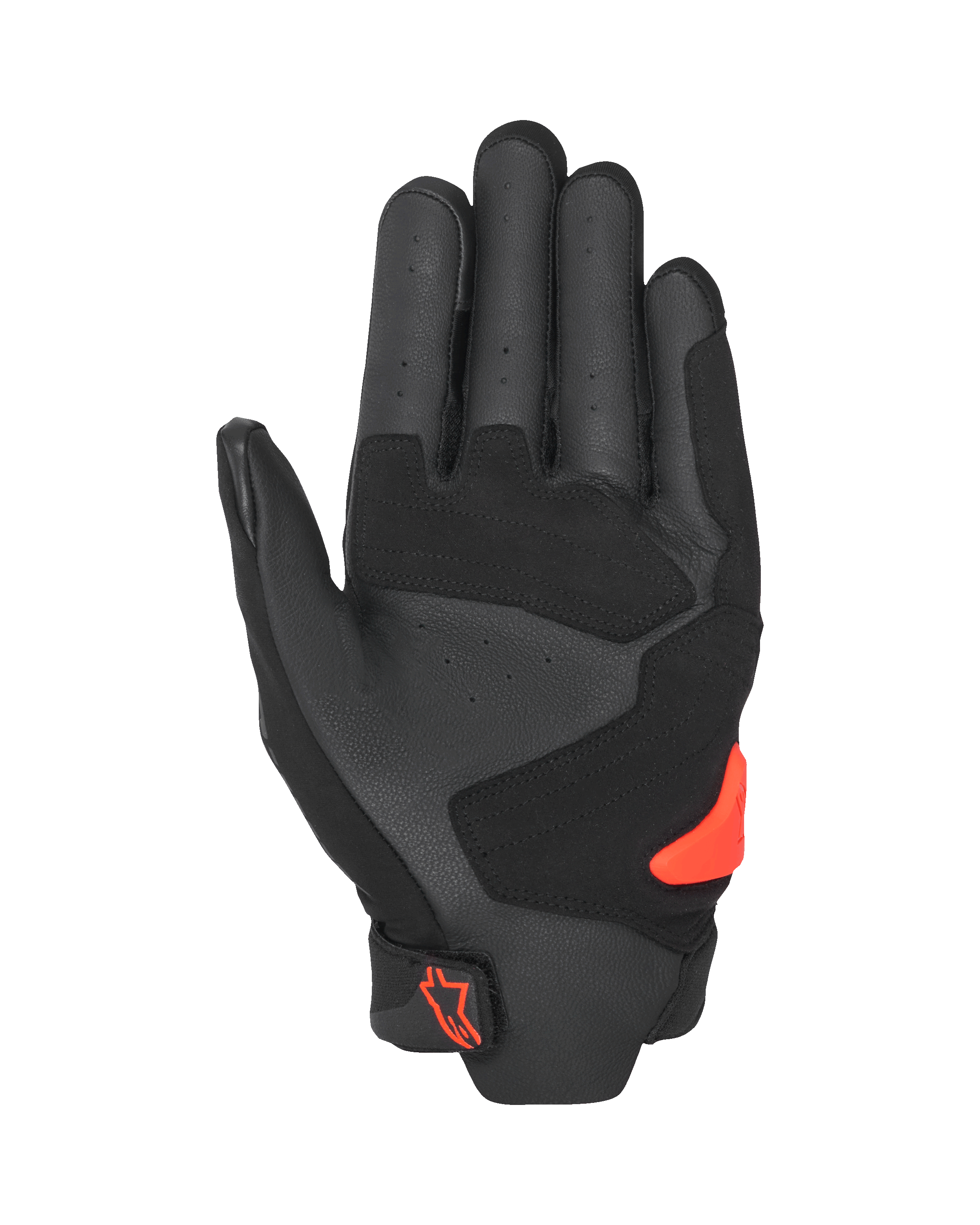 Alpinestars SP X 5 Air-handskar, vy av handflatan, svart och röd fluo, perforerad läderhandflata med förstärkta paneler, klaröd TPR-handflatsslidare, röd Alpinestars-logotyp på handledsstängningen, sporthandskar för motorcykel