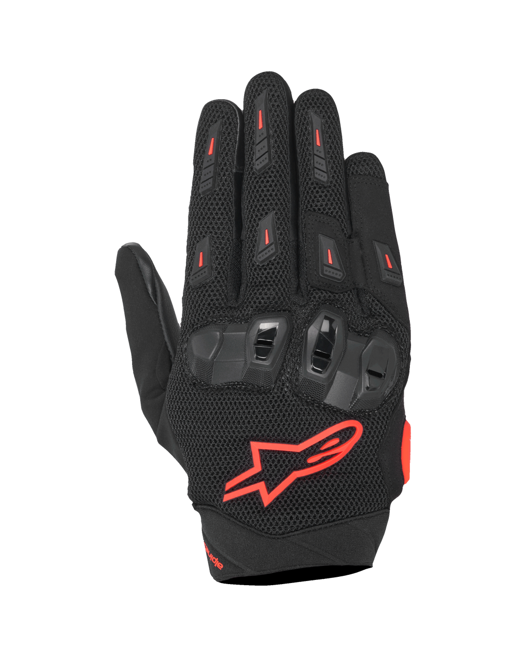 Alpinestars SP X 5 Air handskar, sportmotorcykelhandskar, svarta med neonröda detaljer, ovansida i stretchig 3D-mesh, TPU-knogskydd med dubbel densitet, röd Alpinestars-stjärnlogotyp, ventilerande perforerad design för sommarkörning