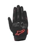 Alpinestars SP X 5 Air handskar, sportmotorcykelhandskar, svarta med neonröda detaljer, ovansida i stretchig 3D-mesh, TPU-knogskydd med dubbel densitet, röd Alpinestars-stjärnlogotyp, ventilerande perforerad design för sommarkörning