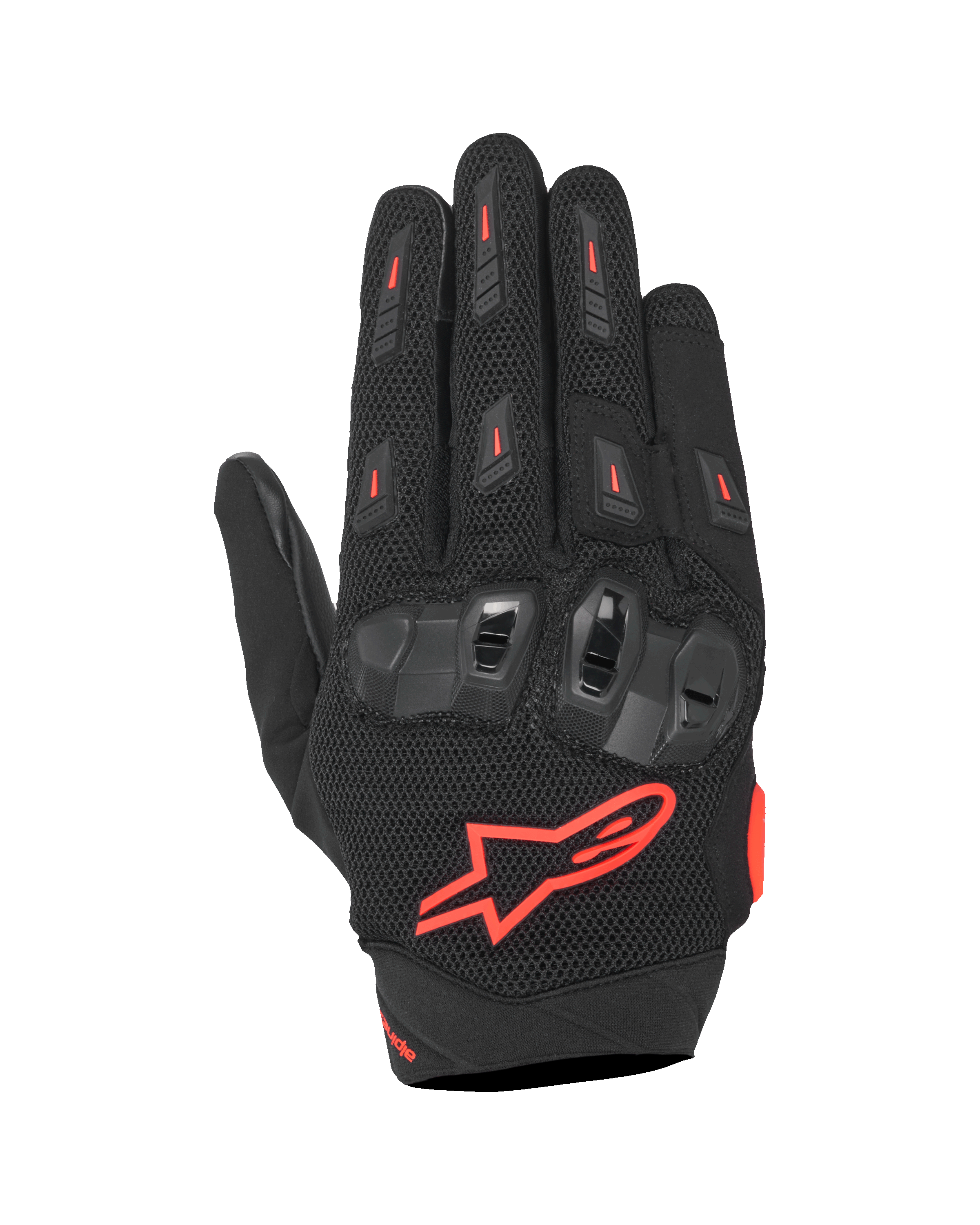 Alpinestars SP X 5 Air handskar, sportmotorcykelhandskar, svarta med neonröda detaljer, ovansida i stretchig 3D-mesh, TPU-knogskydd med dubbel densitet, röd Alpinestars-stjärnlogotyp, ventilerande perforerad design för sommarkörning