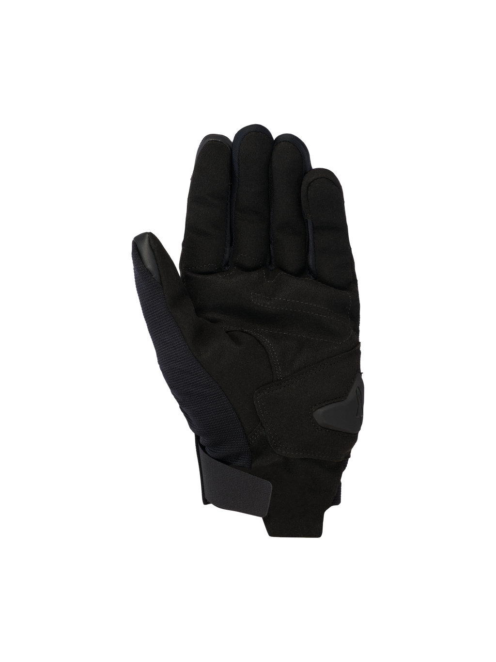 Alpinestars Reef V2-handskar, svarta urbana motorcykelhandskar, vy av handflatan med konstruktion i syntetisk mocka och förstärkt vaddering, kort manschett med kardborrestängning, pekskärmskompatibelt pekfinger och tumme, ergonomisk design för stadskörning