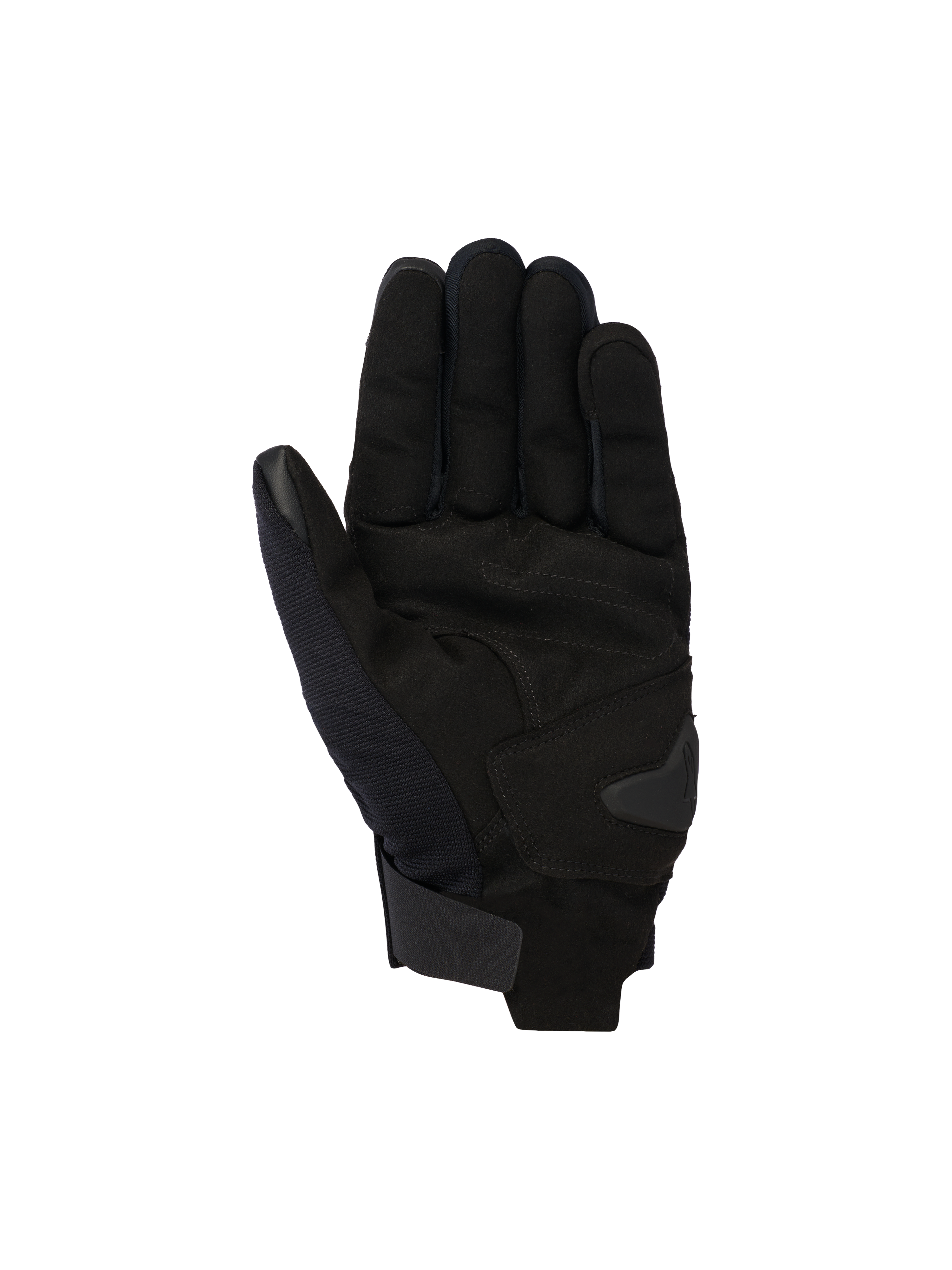 Alpinestars Reef V2-handskar, svarta urbana motorcykelhandskar, vy av handflatan med konstruktion i syntetisk mocka och förstärkt vaddering, kort manschett med kardborrestängning, pekskärmskompatibelt pekfinger och tumme, ergonomisk design för stadskörning