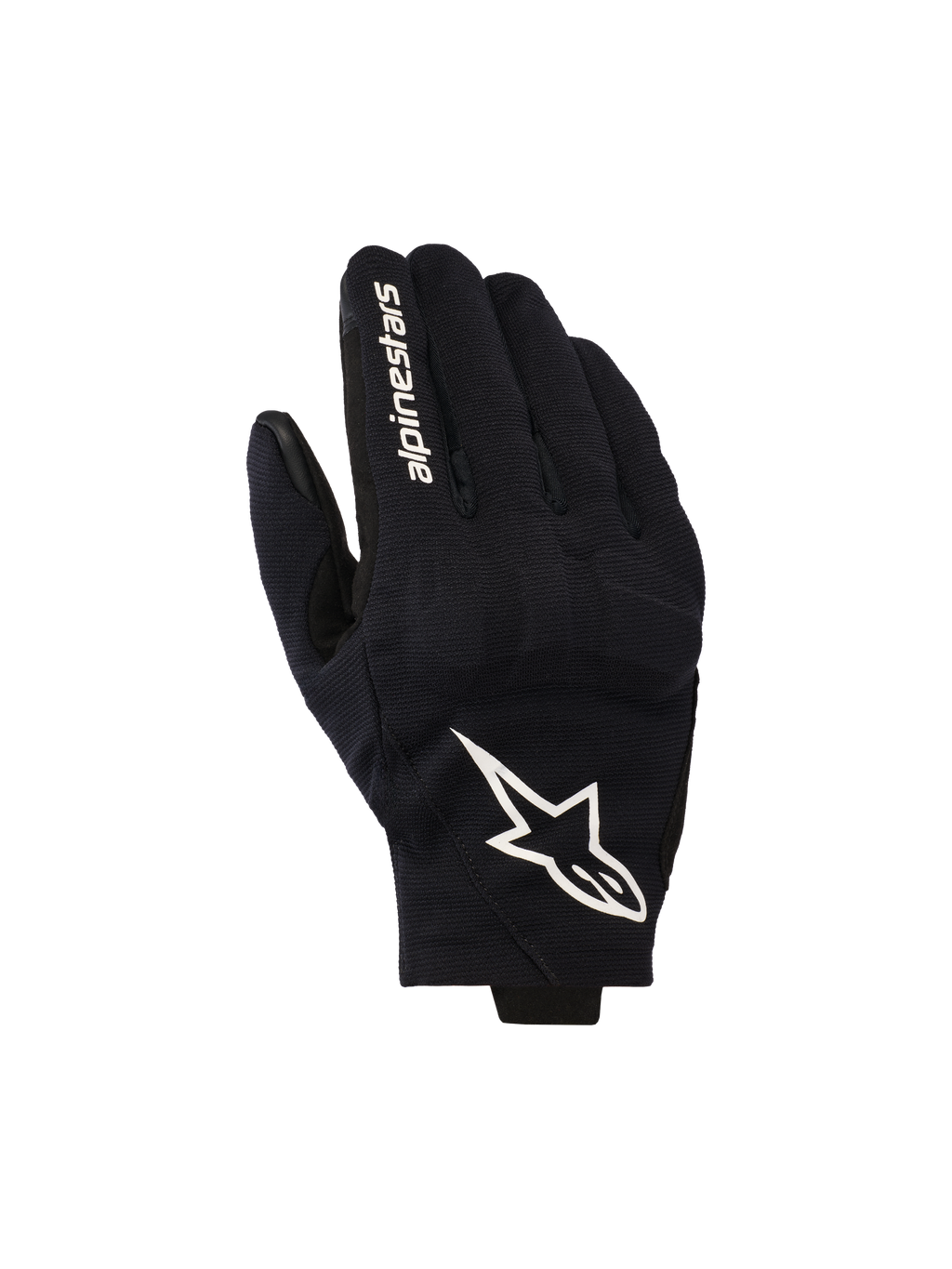 Alpinestars Reef V2 handskar, svarta och vita motorcykelhandskar, ovansida i texturerat stretchmaterial med en framträdande vit stjärnlogotyp och märkesnamn på pekfingret, urban design med kort manschett