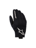 Alpinestars Reef V2 handskar, svarta och vita motorcykelhandskar, ovansida i texturerat stretchmaterial med en framträdande vit stjärnlogotyp och märkesnamn på pekfingret, urban design med kort manschett