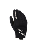 Alpinestars Reef V2 handskar, svarta och vita motorcykelhandskar, ovansida i texturerat stretchmaterial med en framträdande vit stjärnlogotyp och märkesnamn på pekfingret, urban design med kort manschett