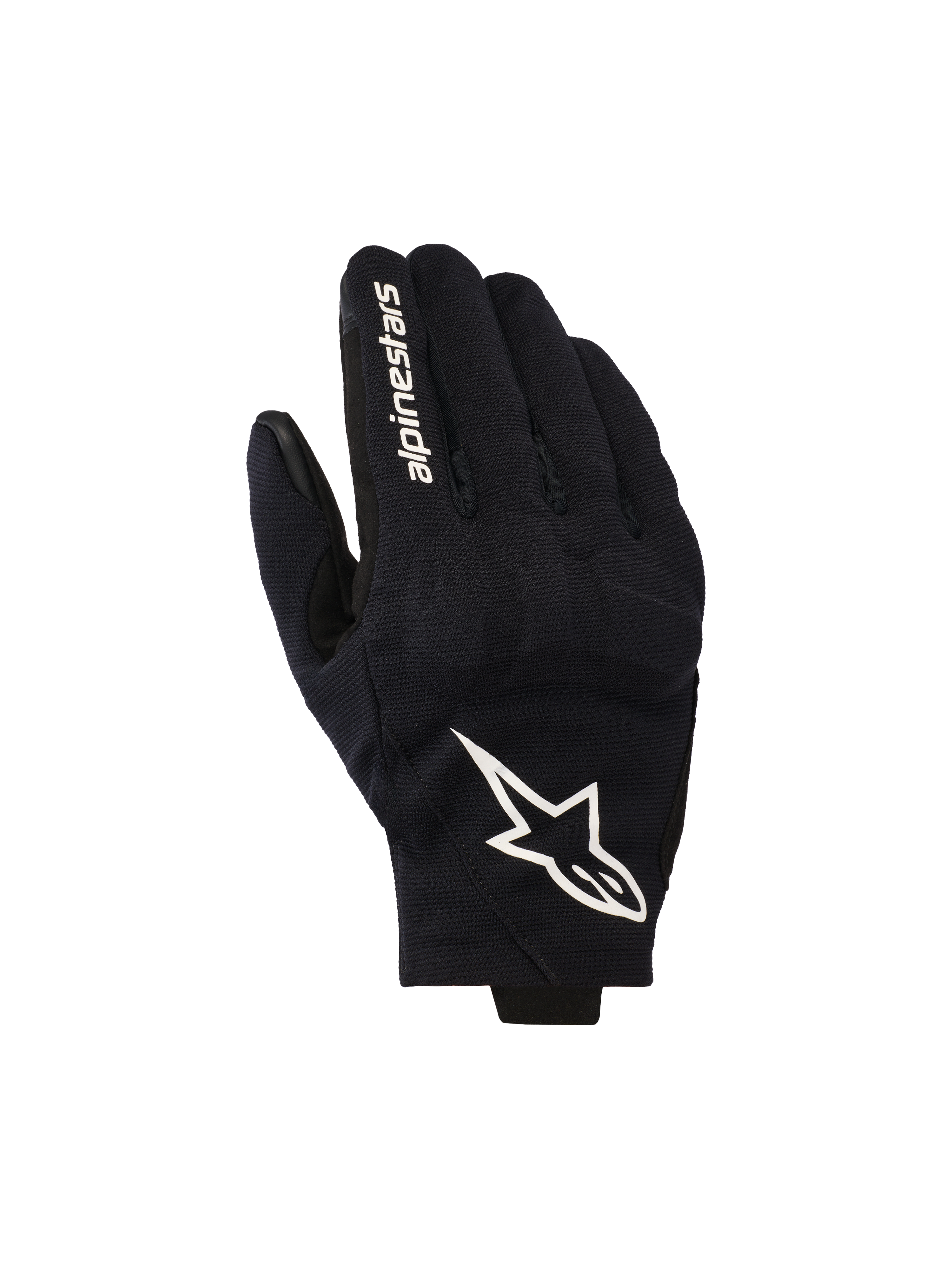 Alpinestars Reef V2 handskar, svarta och vita motorcykelhandskar, ovansida i texturerat stretchmaterial med en framträdande vit stjärnlogotyp och märkesnamn på pekfingret, urban design med kort manschett
