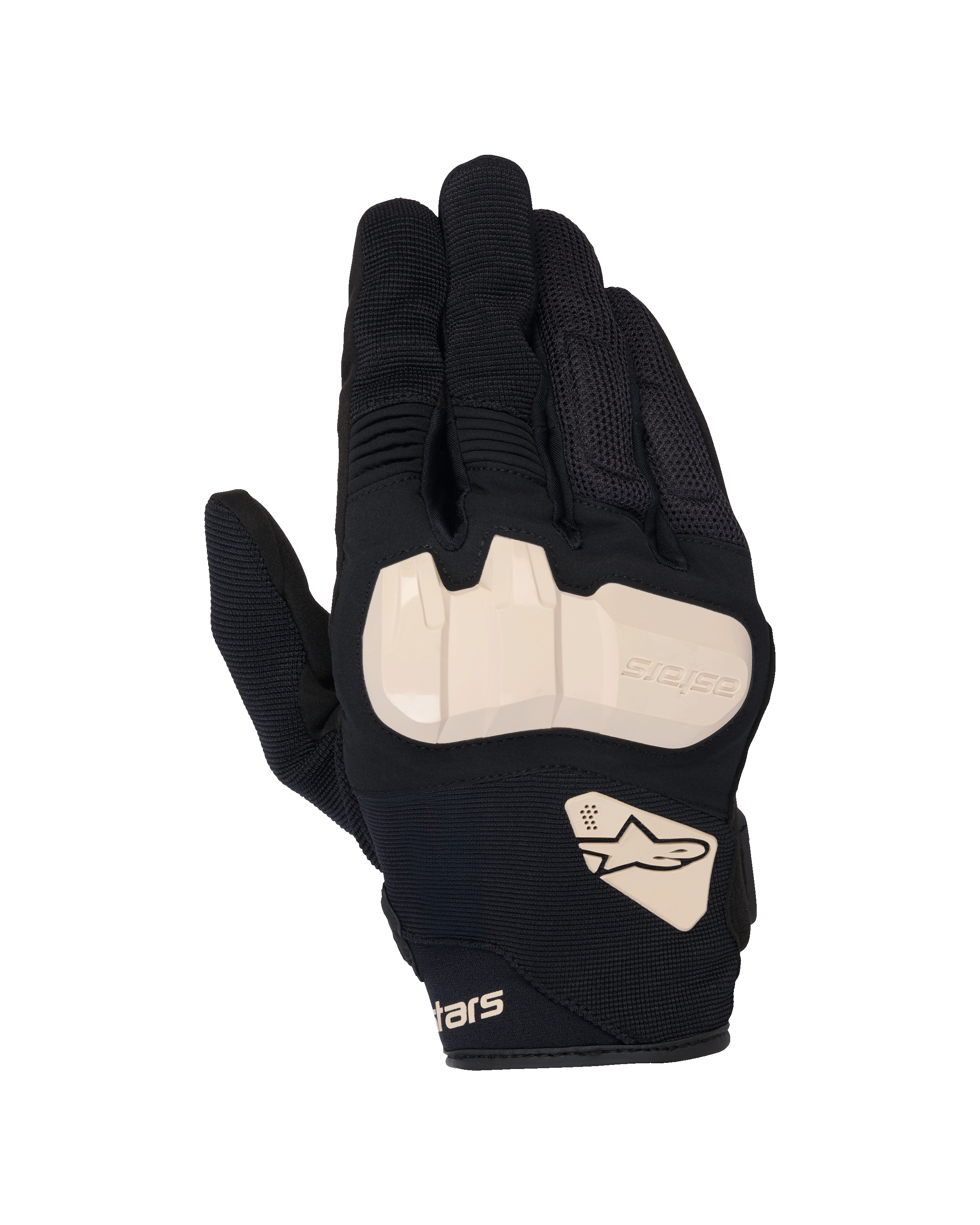 Alpinestars Chrome V2 handskar, motorcykelhandskar, svarta med Almond-detaljer, vy ovanifrån som visar TPU-knogskydd, konstruktion i mesh och stretchtyg, dragspelspaneler på fingrarna