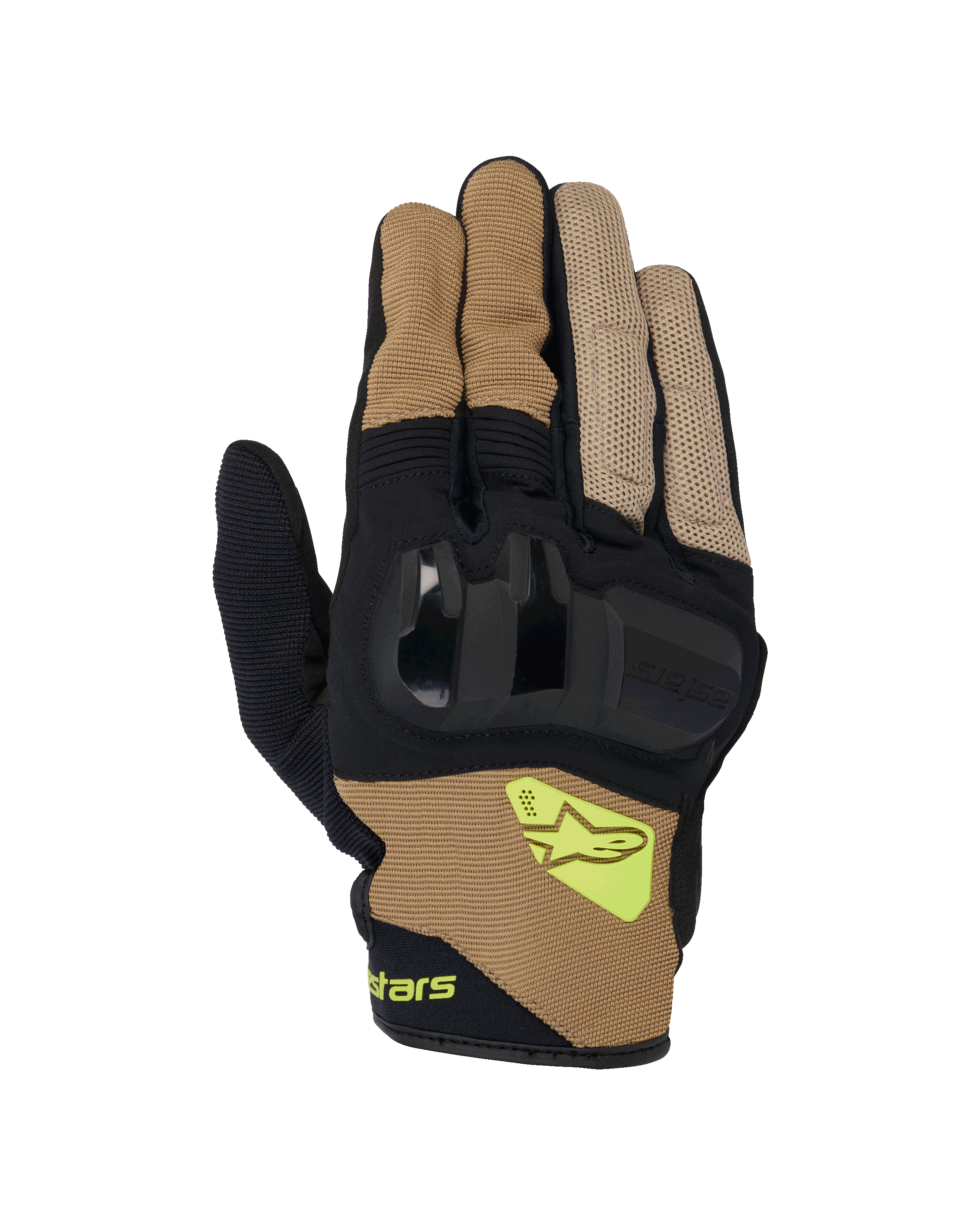 Alpinestars Chrome V2-handskar, motorcykelhandskar med kort manschett, mörk khaki och svart, med hårt knogskydd, andningsbara meshpaneler och fluorescerande gul Alpinestars-logotyp, urban mc-utrustning